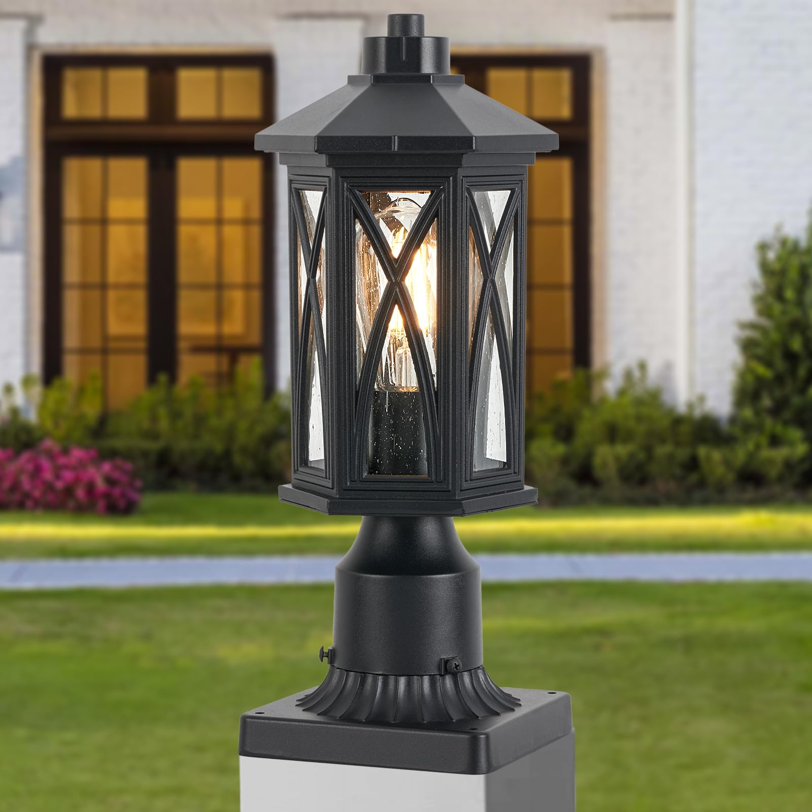 Outdoor Pendant Light, Waterproof Aluminum Black Exterior Hanging Lantern with Seeded Glass, Outside Chandelier Modern Exterior Hanging Light Fixtures for Porch Foyer Entryway, 609-1H-SBK