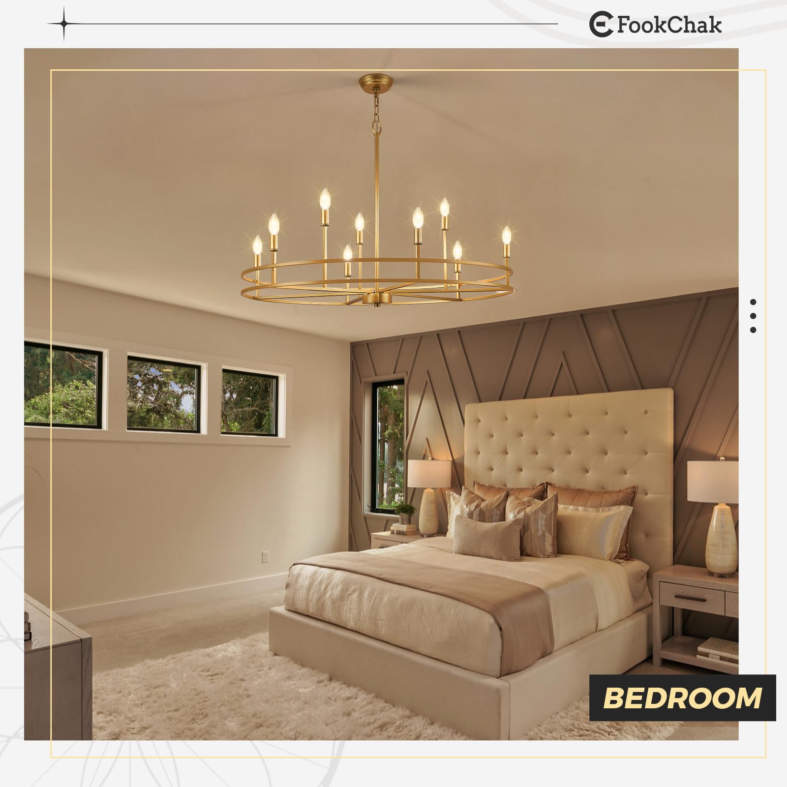 Gold Chandelier 9-Light Dining Room Chandelier Over Table Master Bedroom Chandelier Lighting Round Living Room Chandelier Light Fixture for Foyer, Bathroom, Solid Metal,35in