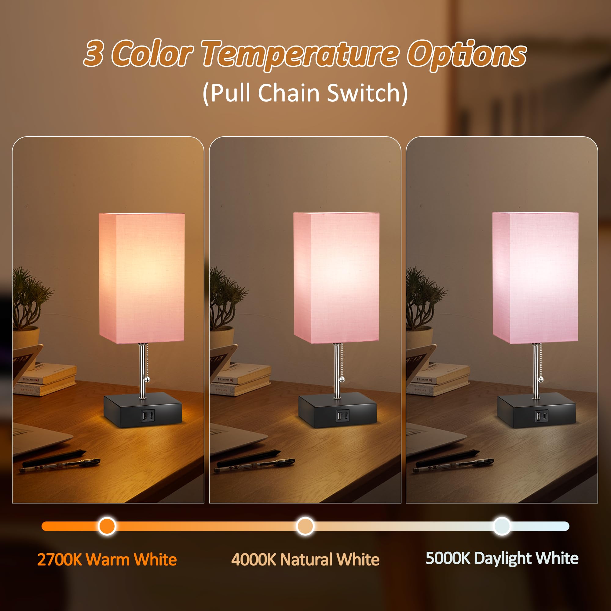 3 Color Temperature Bedside Lamp with USB C and USB A Ports Grey Table Lamps for Bedroom Nightstand Small Lamps Bed Lamp Desk Lamps by Pull Chain (Bulb Included)