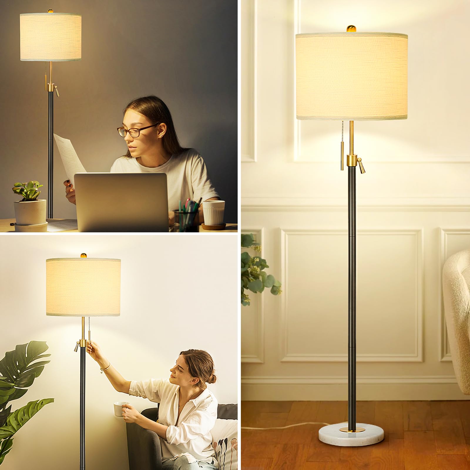 Floor Lamp for Living Room Adjustable Tall Standing Lamp, 3-Way Dimmable Floor Lamp for Bedroom Office, Black Gold Lamp with Marble Base and White Linen Shade, 6W 3000K LED Blub Included