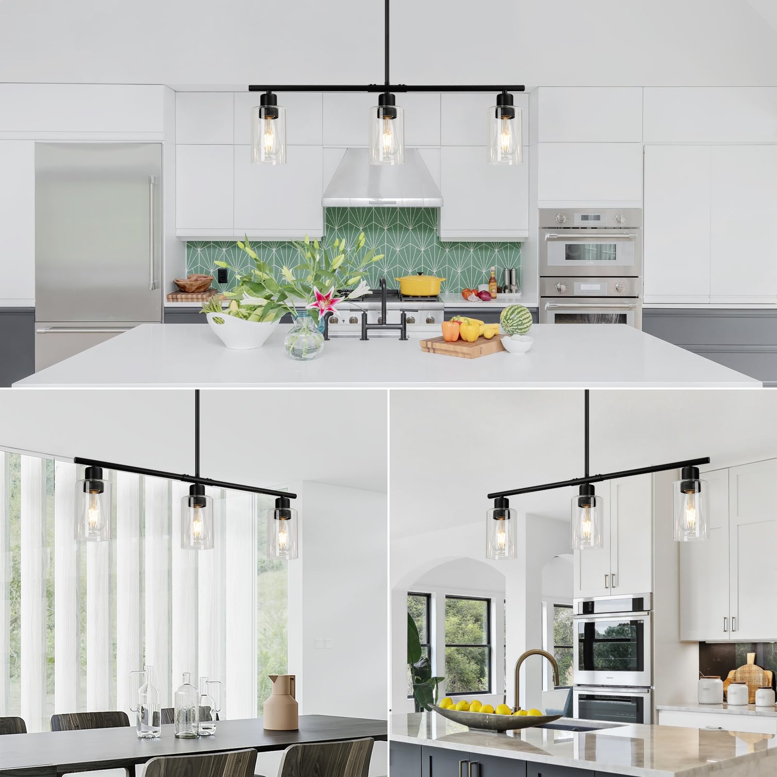 3 Lights Kitchen Island Lighting, Black Pendant Light Fixtures with Glass Shade Dining Room Light Fixture Adjustable Farmhouse Chandelier Modern Pendant Lights Ceiling Hanging Lighting E26 Base