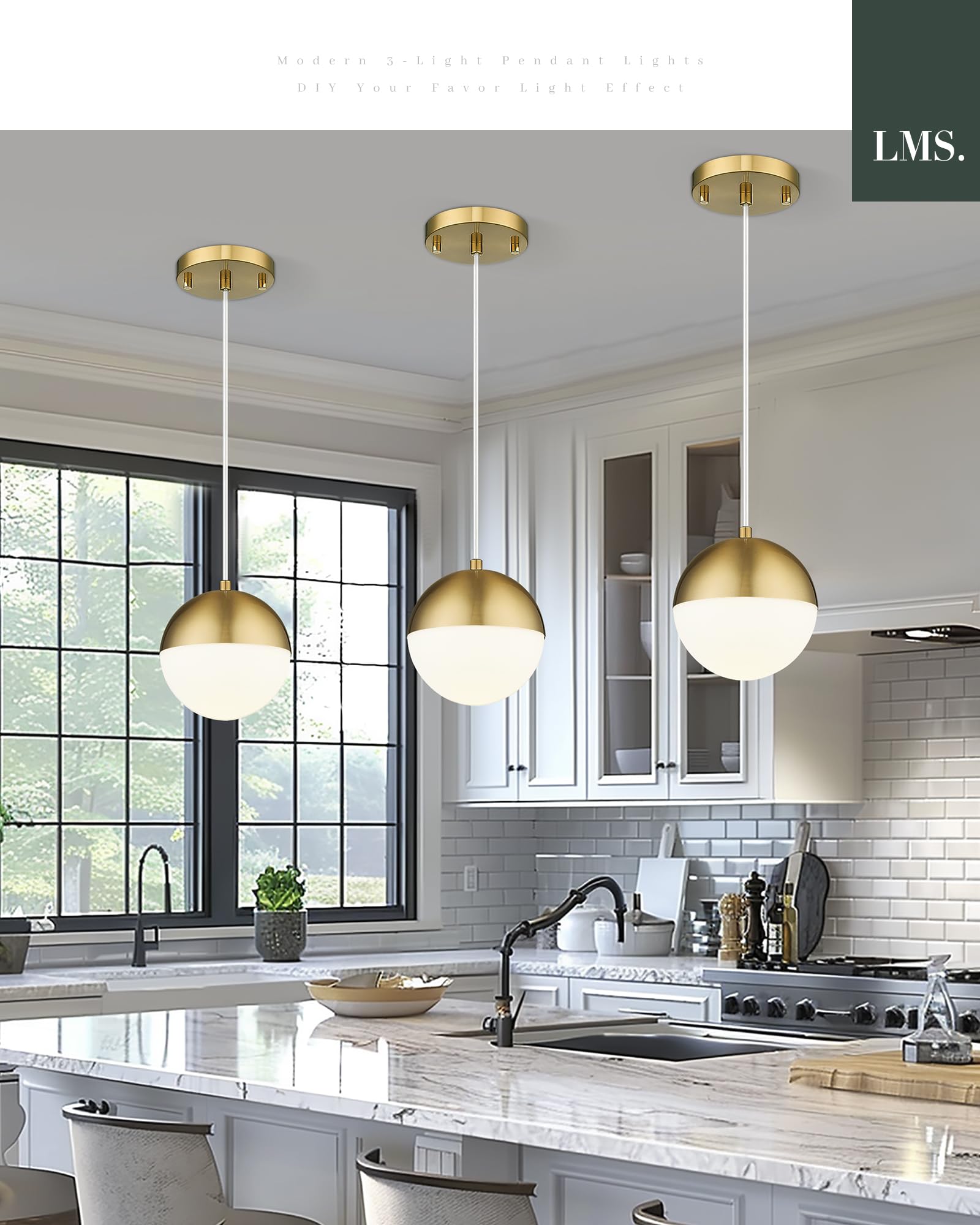 Modern Pendant Lighting Gold Globe Pendant Light Fixture, Mid Century Chandelier One Light Hanging Fixture for Kitchen Island, Adjustable Indoor Lighting for Dinning Room Bedroom, LMS-187