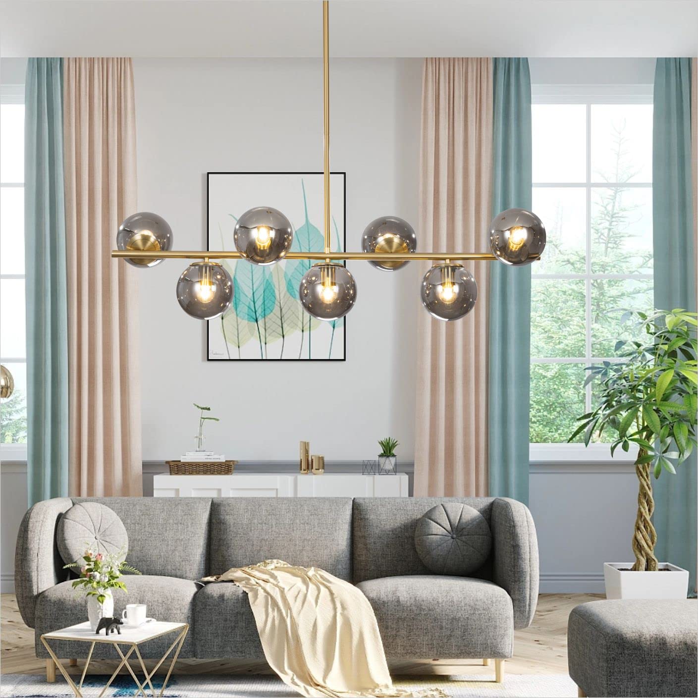 KCO Lighting Modern Brass Linear Chandelier Pendant Light 7-Lights Gold and White Glass Pendant Lighting Mid Century Globe Dining Light Fixture for Living Room Kitchen