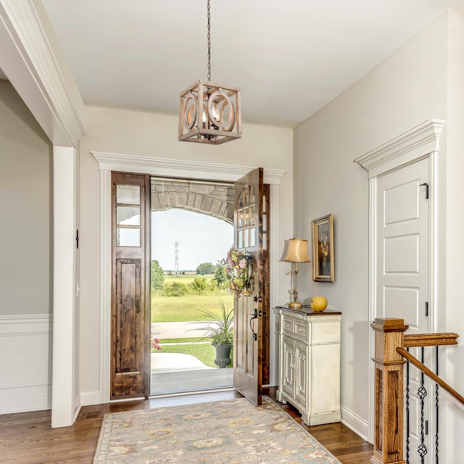 Farmhouse Chandelier, 4-Light Rustic Wood Cage Dining Room Chandelier Over Table, Wooden Square Chandeliers Hanging Light Fixture for Bedrooms, Kitchen Island, Entryway, Foyer