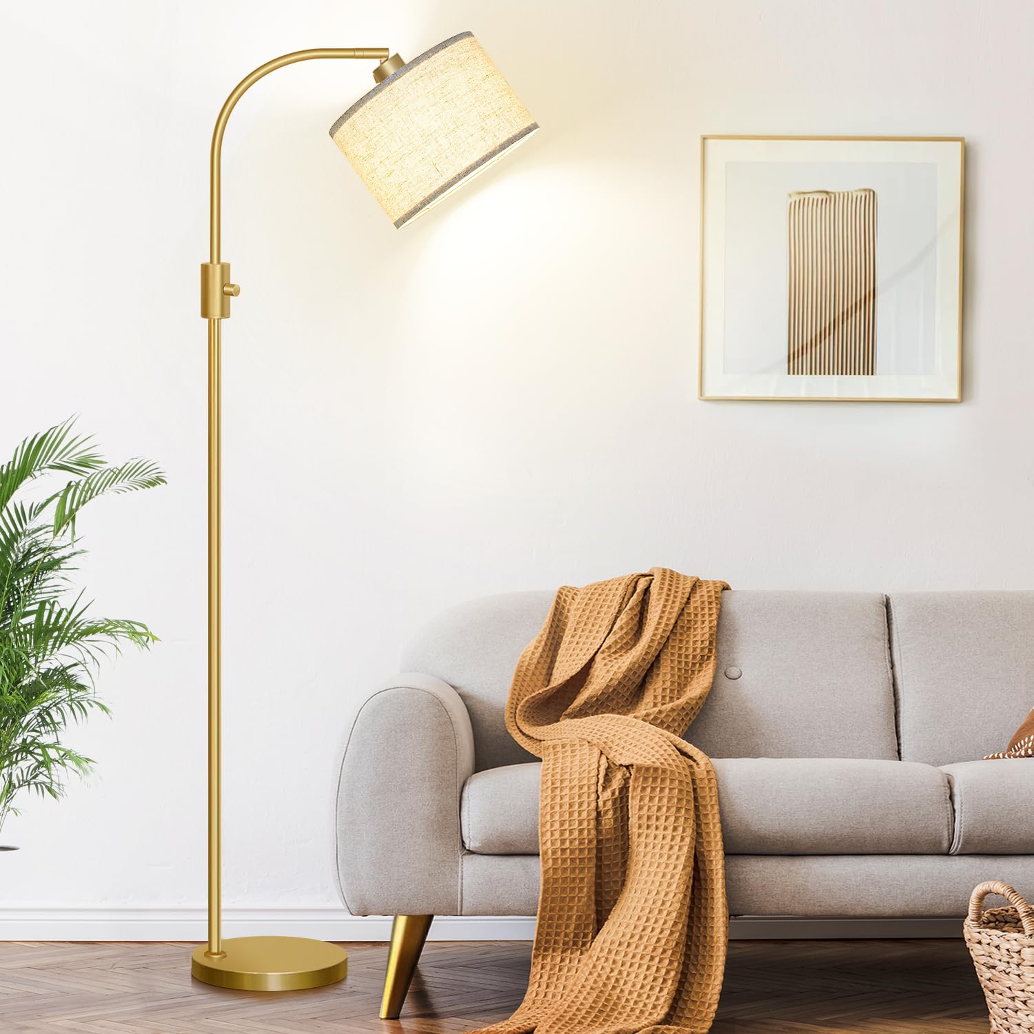 Dimmable Floor Lamp, 1200 Lumens LED Bulb Included, Gold Arc Floor Lamps for Living Room Modern Standing Lamp with Linen Shade, Tall Lamp for Living Room Bedroom Office Reading Room Nursery