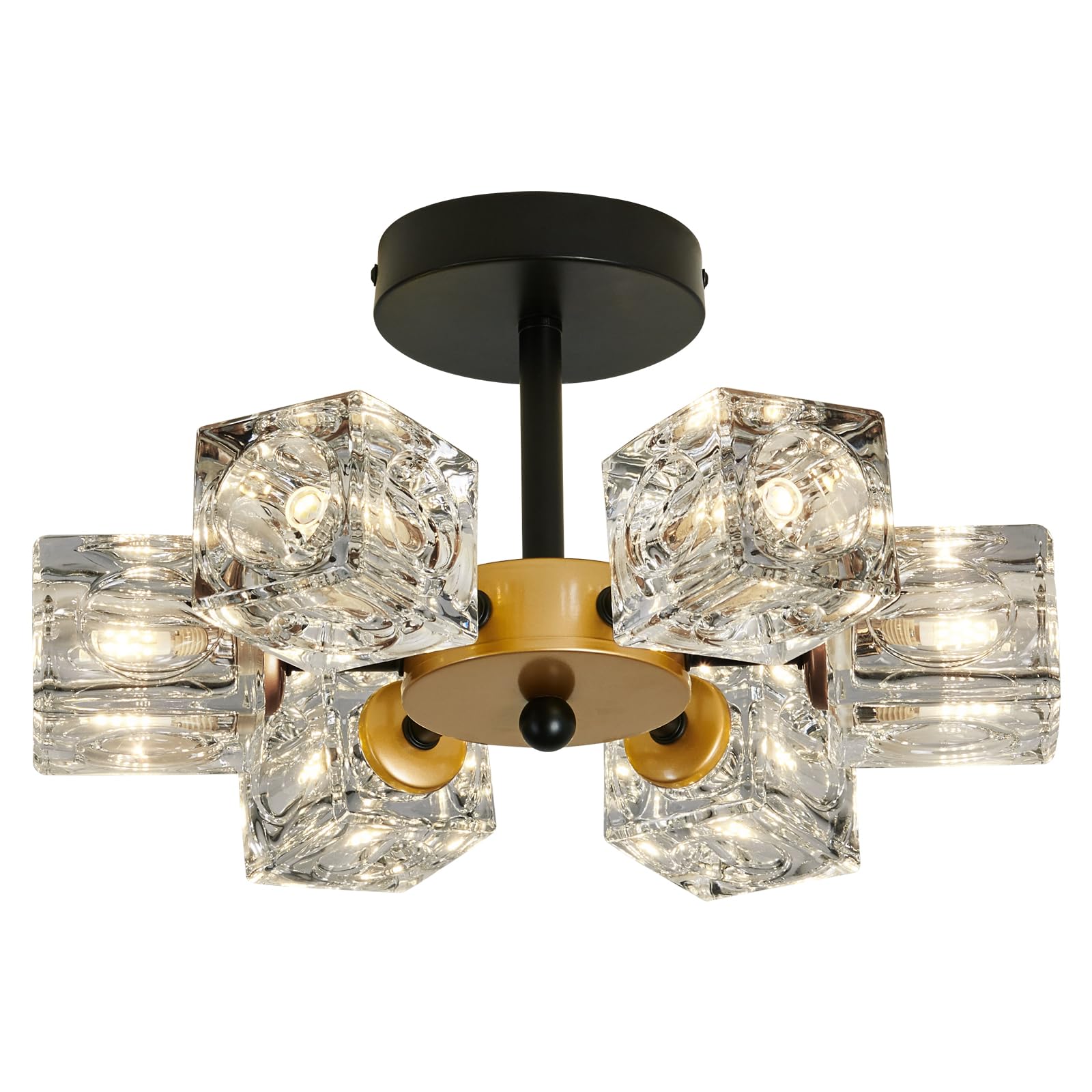 Vintage Gold Semi Flush Mount Ceiling Light 8-Light Glass Sputnik Chandeliers Mid Century Modern Crystal Ceiling Light Fixture for Living Room Dining Room Bedroom Kitchen Foyer