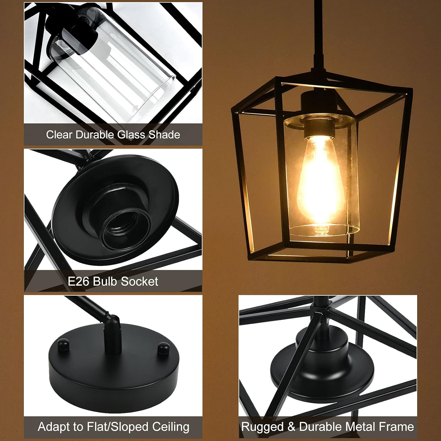 Black Pendant Light Fixture 1-Light Farmhouse Lantern Pendant Light Iron Cage Hanging Light with Clear Glass Shade for Kitchen Island Entryway Dining Room Hallway Porch