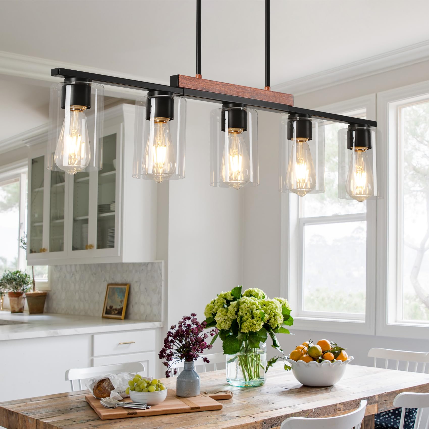 3 Lights Kitchen Island Lighting, Black Pendant Light Fixtures with Glass Shade Dining Room Light Fixture Adjustable Farmhouse Chandelier Modern Pendant Lights Ceiling Hanging Lighting E26 Base