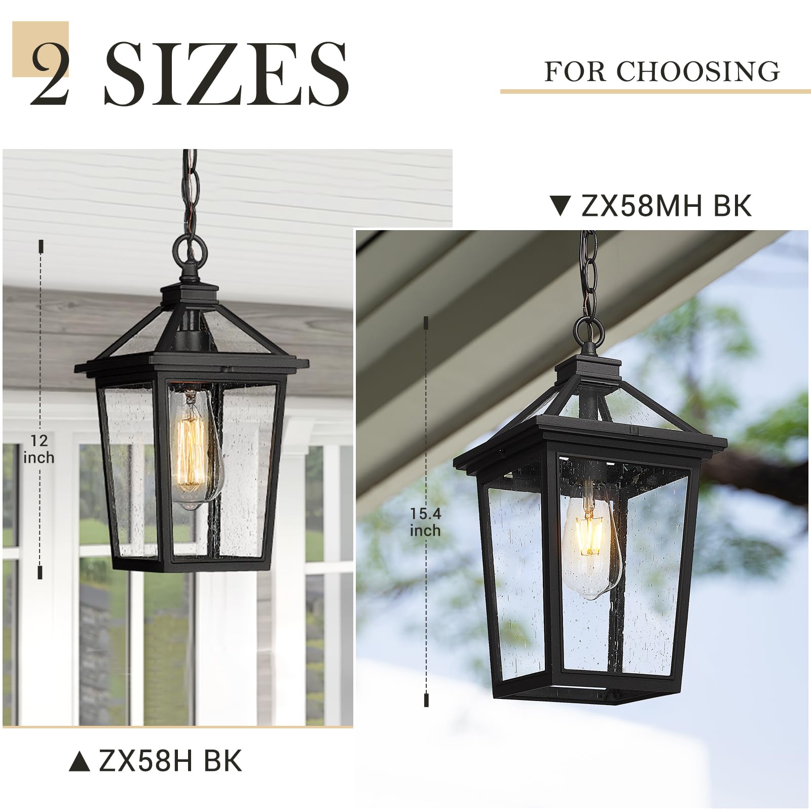 Farmhouse Outdoor Ceiling Hanging Light, 12 Inch Industrial Pendant Light Fixture for Front Porch, Die-Cast Aluminum in Black Finish with Seeded Glass, ZX58H BK