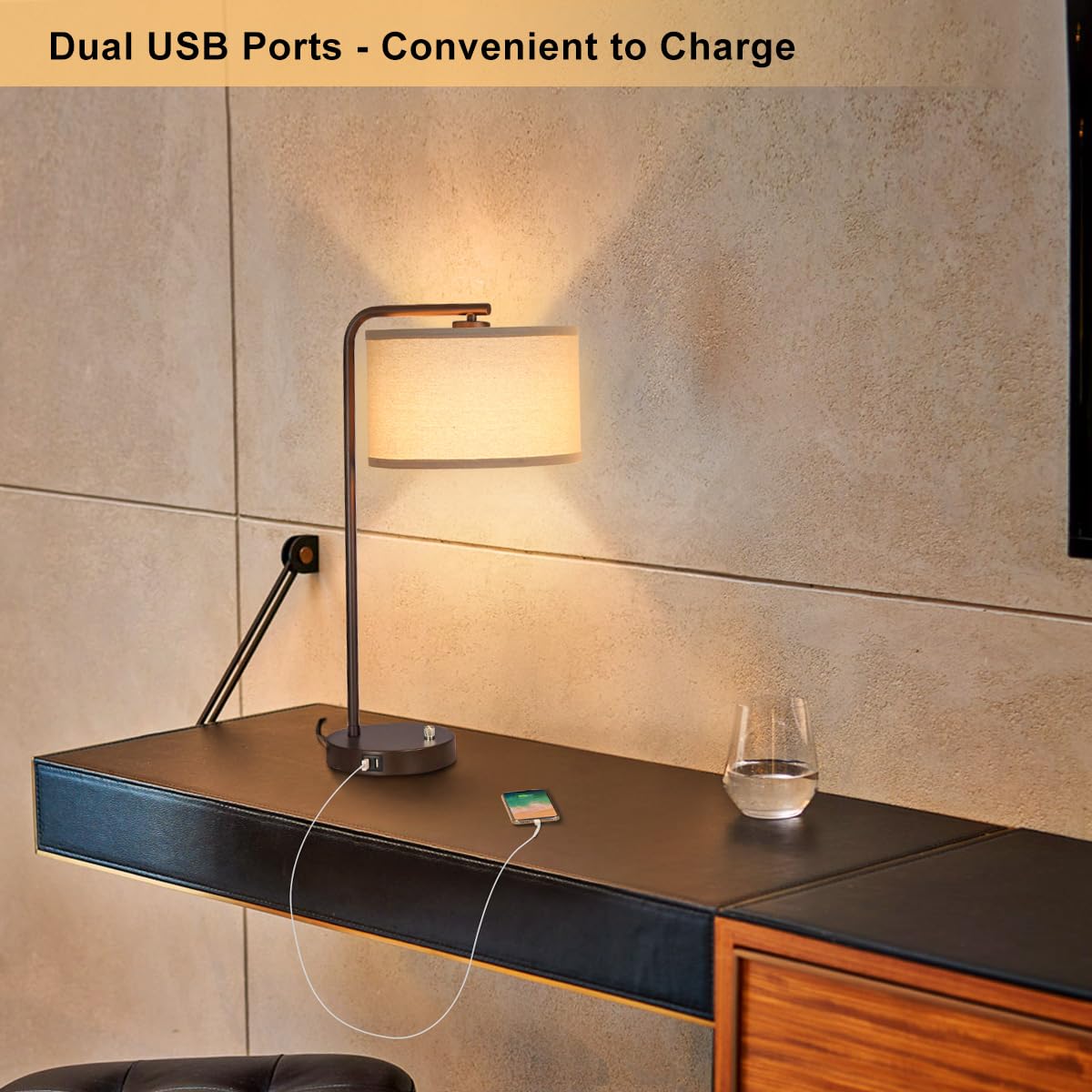 USB Bedside Lamp, Industrial Side Table Lamp with Dual USB Charging Ports, Fully Dimmable Nightstand Lamp, Tall Reading Lamp Desk Lamp for Bedroom, Living Room, Office, 9W LED Bulb Included