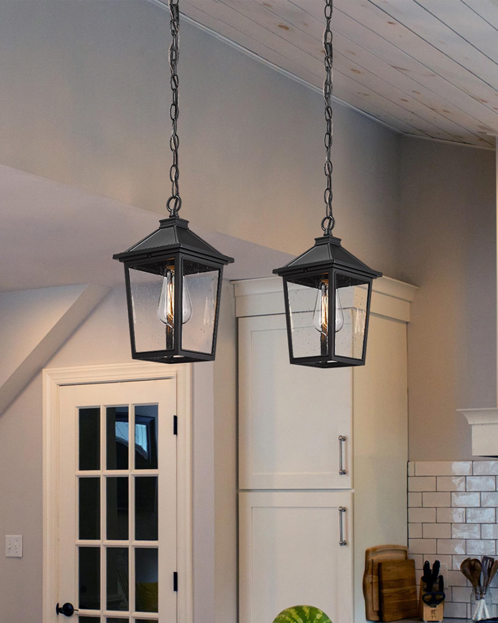 Outdoor Pendant Lights, HWH Farmhouse Exterior Hanging Porch Light, Outside Hanging Lantern with Height Adjustable Chain, Matte Black Finish with Seeded Glass, 5HX64H BK