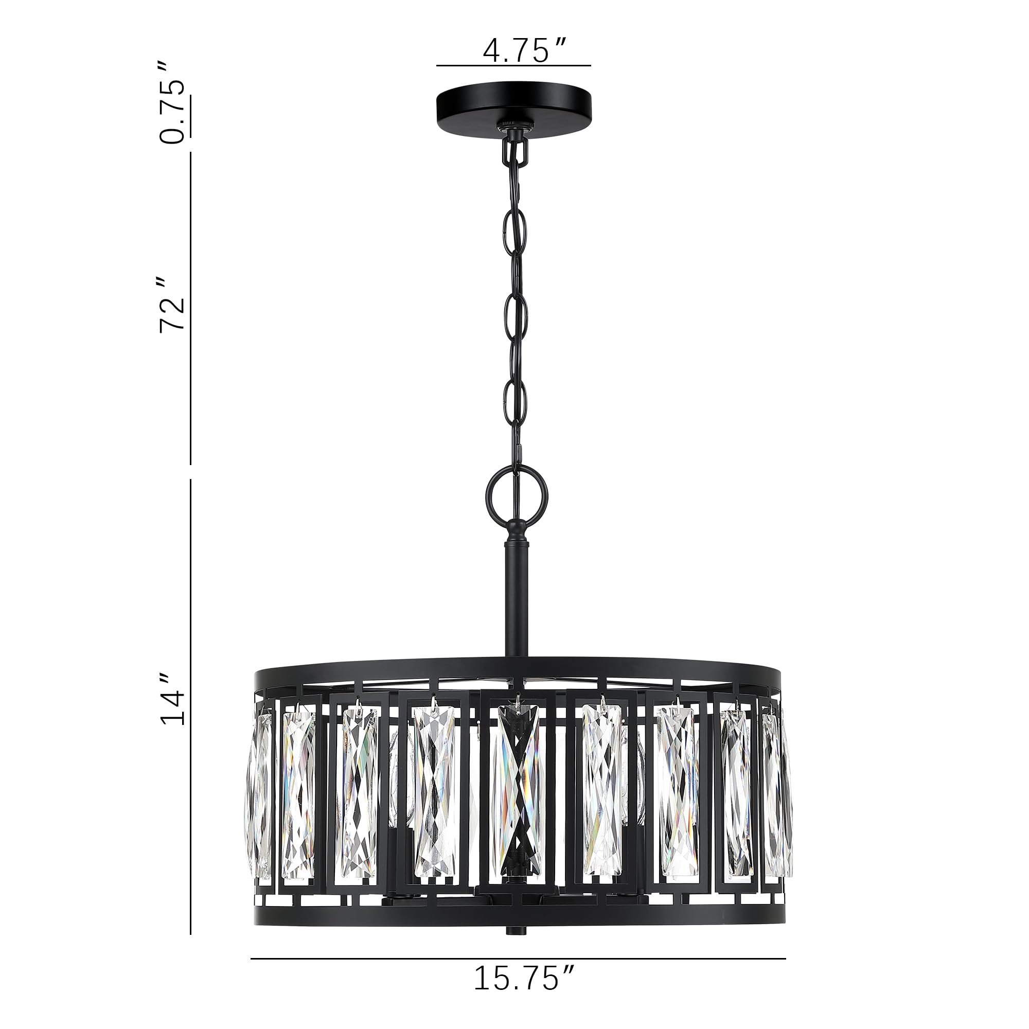 Crystal Pendant Lighting Fixture Matte Black Drum Shade Chandelier,2-Pack Pendant Lights for Kitchen Island Modern Ceiling Lights for Living Room