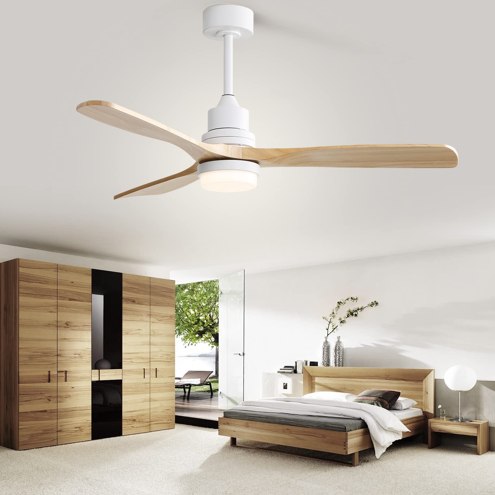 Low Profile Ceiling Fan With Lights Remote Control 52 Inch Flush Mount Ceiling Fan Modern Wood Blade Fan For Bedroom Living Room Indoor Outdoor Farmhouse Patio, Noiseless DC Motor