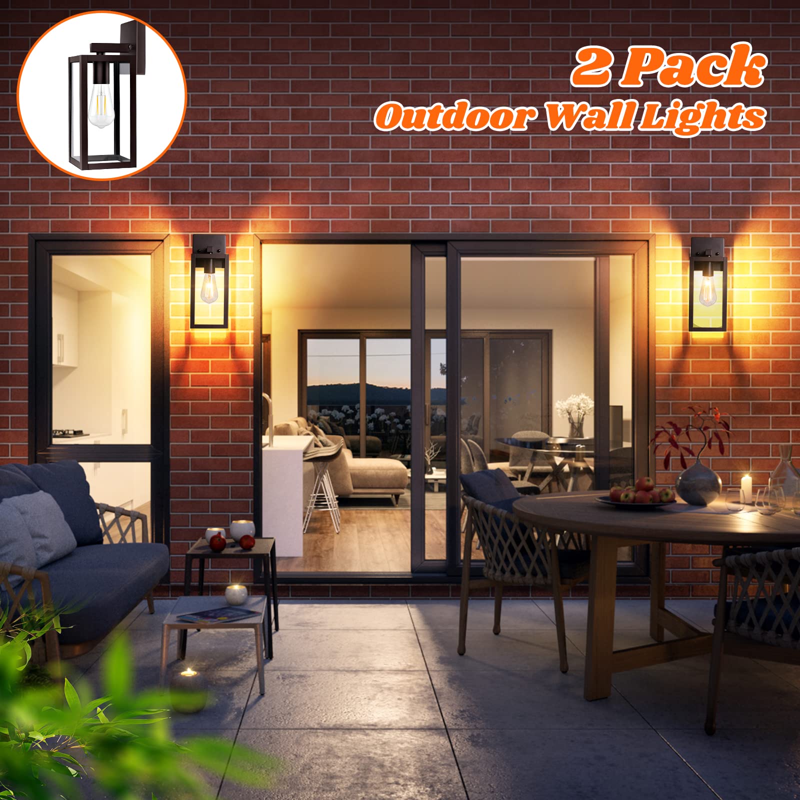 2-Pack Outdoor Light Fixtures Wall Mount, Waterproof Exterior Wall Lanterns with Clear Glass, Anti-Rust Outside Black Wall Sconces, Front Porch Lights for House Garage Doorway, Bulbs Not Included