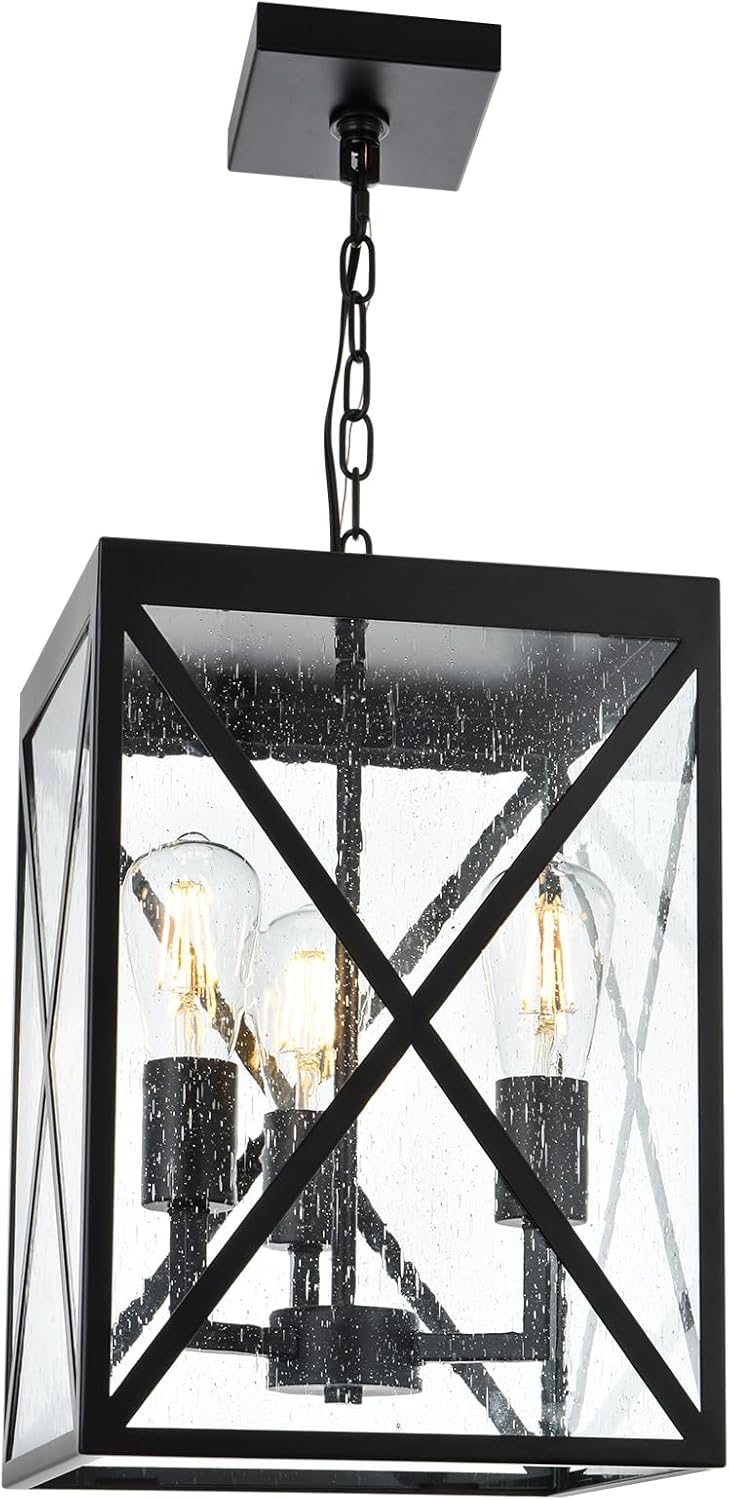 Large Outdoor Pendant Light, Black Exterior Ceiling Porch Light with Seeded Glass Panel, Outdoor Chandelier Hanging Lantern for Garage Entryway Patio Front Door