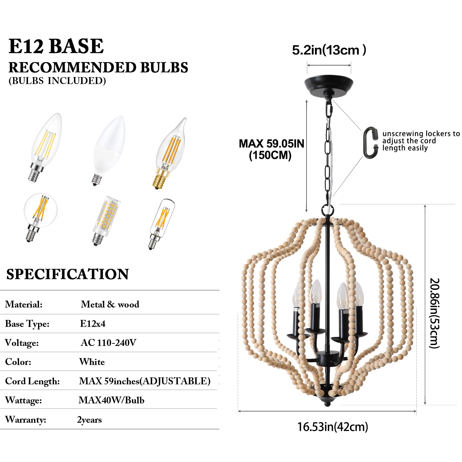 Farmhouse Wood Beaded Chandelier, Boho 4-Lights 16.5" Wood Candle Style Chandelier Light Fixture, Rustic Modern White Wood Bead Chandelier for Dining Room Kitchen Island Hallway Bedroom, E12