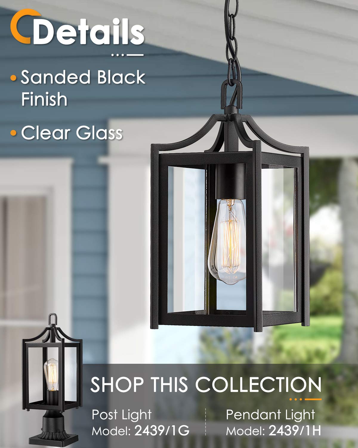 Outdoor Pendant Light, 14" Large Modern Outdoor Hanging Porch Light with Adjustable Chain, Exterior Outdoor Hanging Light in Black Finish and Clear Glass, 2439/1H