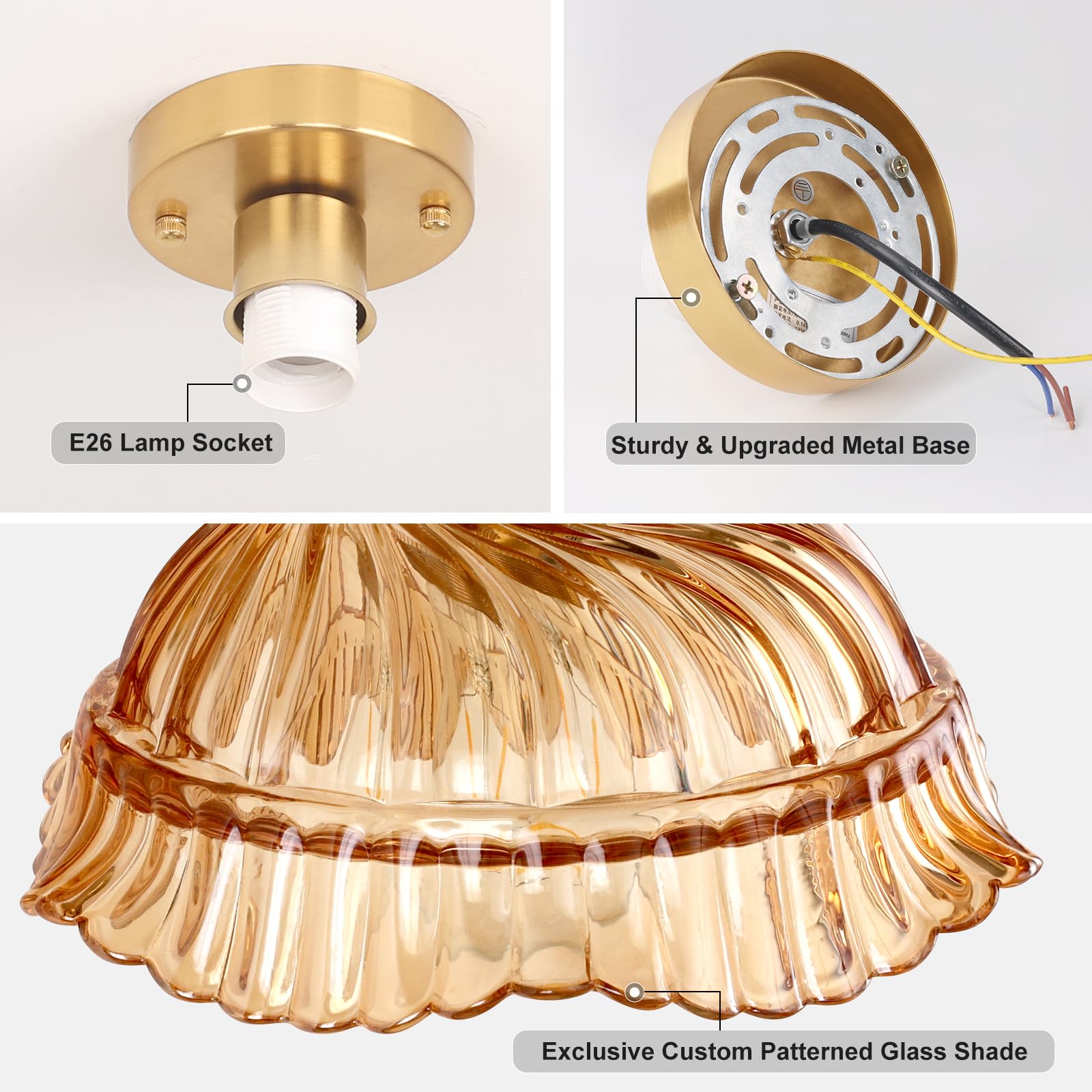 Semi Flush Mount Ceiling Light, Gold Hallway Vintage Lights Fixture Ceiling with Amber Peony Glass, Bulb Included, 4.72" Base Modern Ceiling Light Fixtures for Kitchen Bedroom