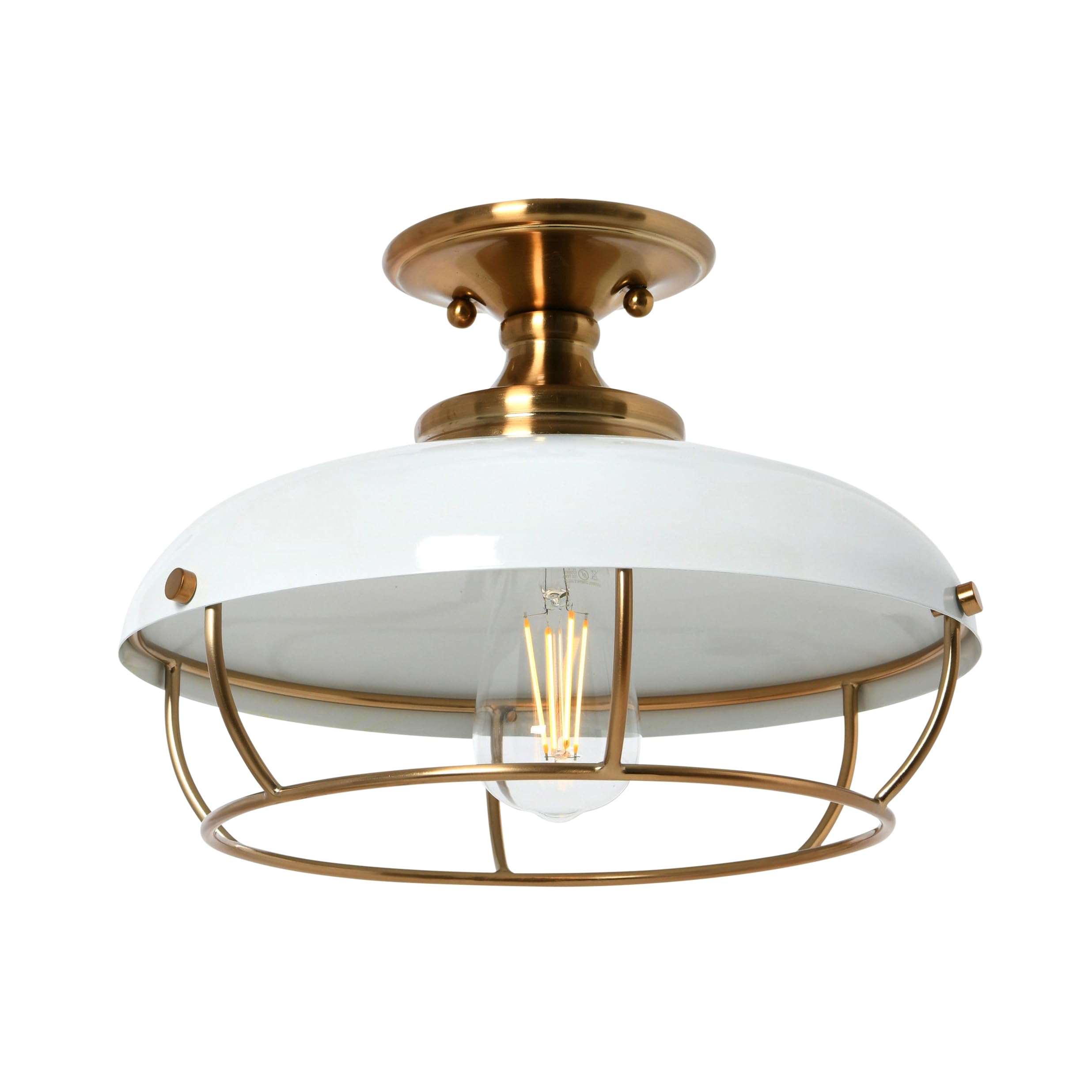 Caged Dome Metal Semi-Flush Mount Ceiling Light, Brushed Brass and Navy Blue