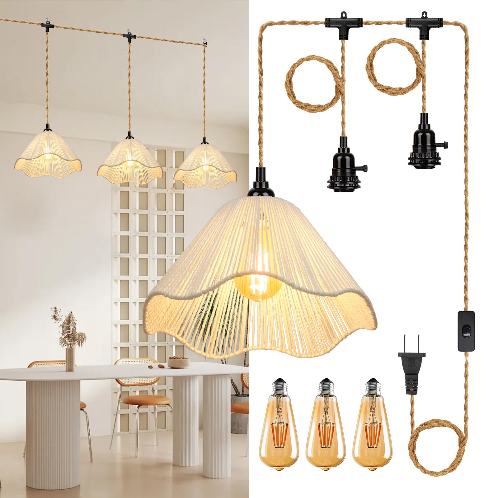 Pendant Lights with Switch & Hemp Rope, Umbrella Shaped Industrial Hanging Light Kit with E26 Socket, Lamp Cord Fixture for Farmhouse Bedroom Living Room Decor- Ivory (3-Lights)