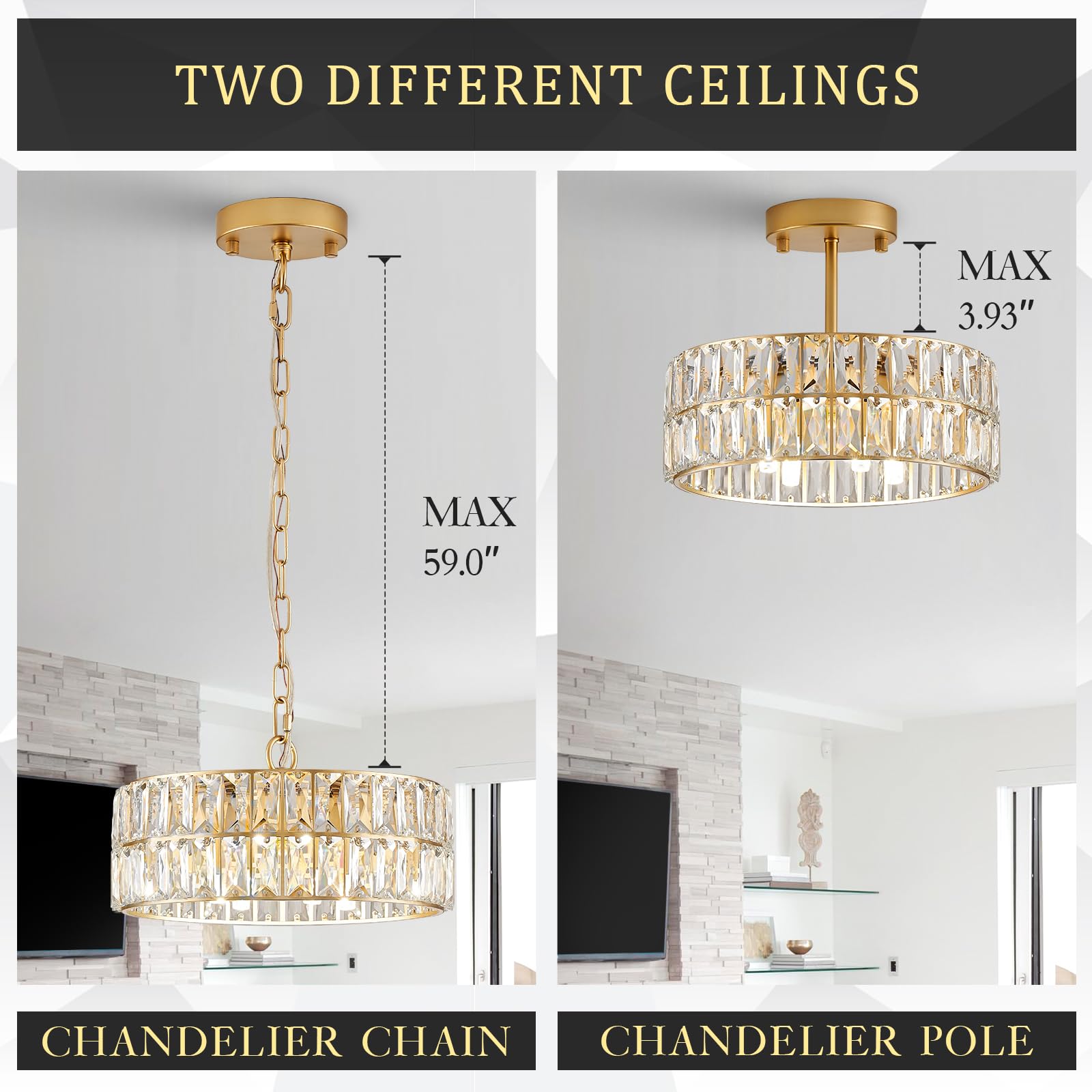 Gold Crystal Chandeliers, Modern Semi Flush Mount Chandelier 4-Ligh Drum Crystal Ceiling Pendant Light Fixture 12” for Foyer Entryway Kitchen Hallway Dining Room