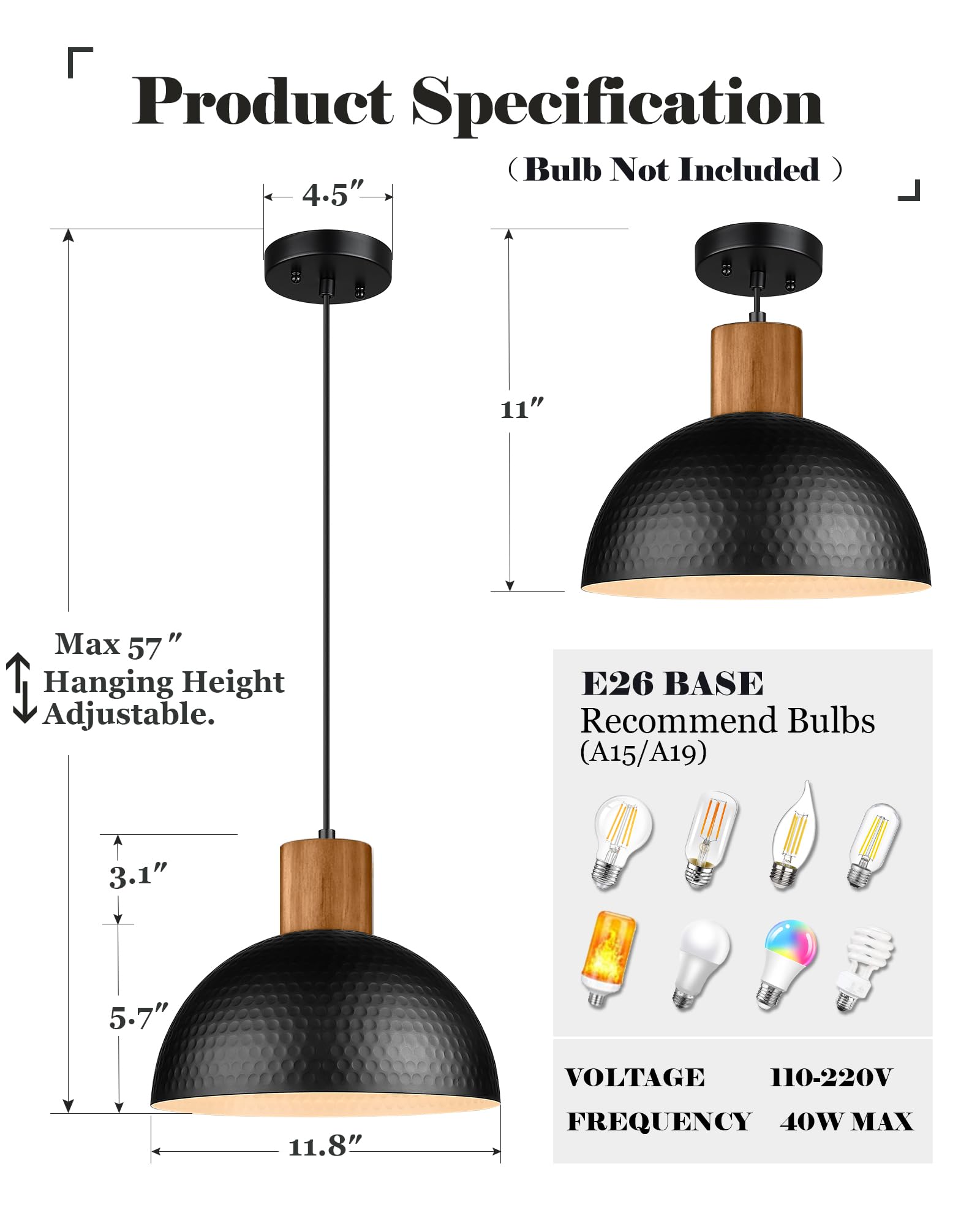 Industrial Pendant Light, Rubber Wood Dome Hanging Lamp with 12" Hammered Metal Shade, Modern Pendant Light Fixtures for Kitchen Island, Bar, Farmhouse Dining Room, Bedroom, Hallway - Black