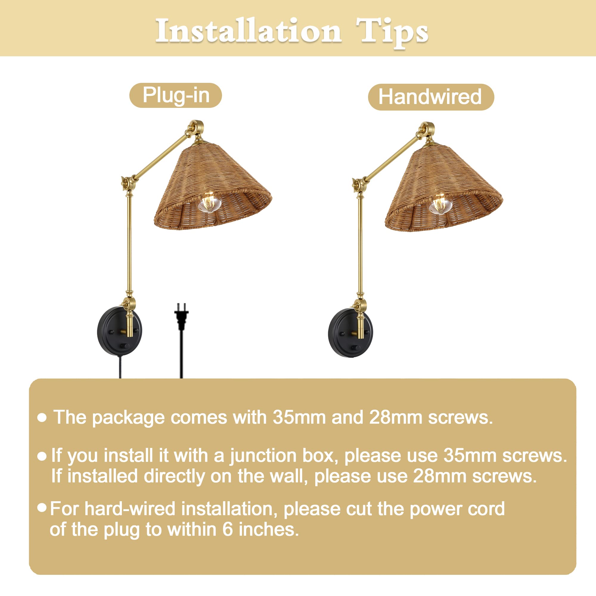 Wall Sconce Rattan Wrapped Wall Lamp, Adjustable Swing Arm Wall Light Gold Vintage Bedside Light Fixture Wicker Handmade Shade Brass Reading Light Plug in or Hardwire (2 Pack)