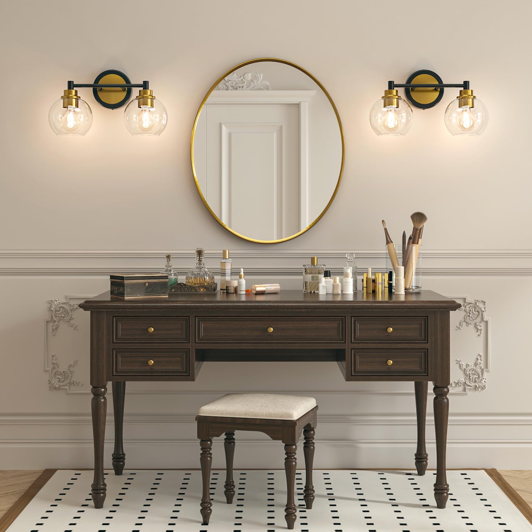 Bathroom Light Fixtures, 2-Light Bathroom Vanity Light with Globe Glass Shades E26 Sockets, Bathroom Lights Over Mirror for Bedroom Hallway Living Room, Gold Finish