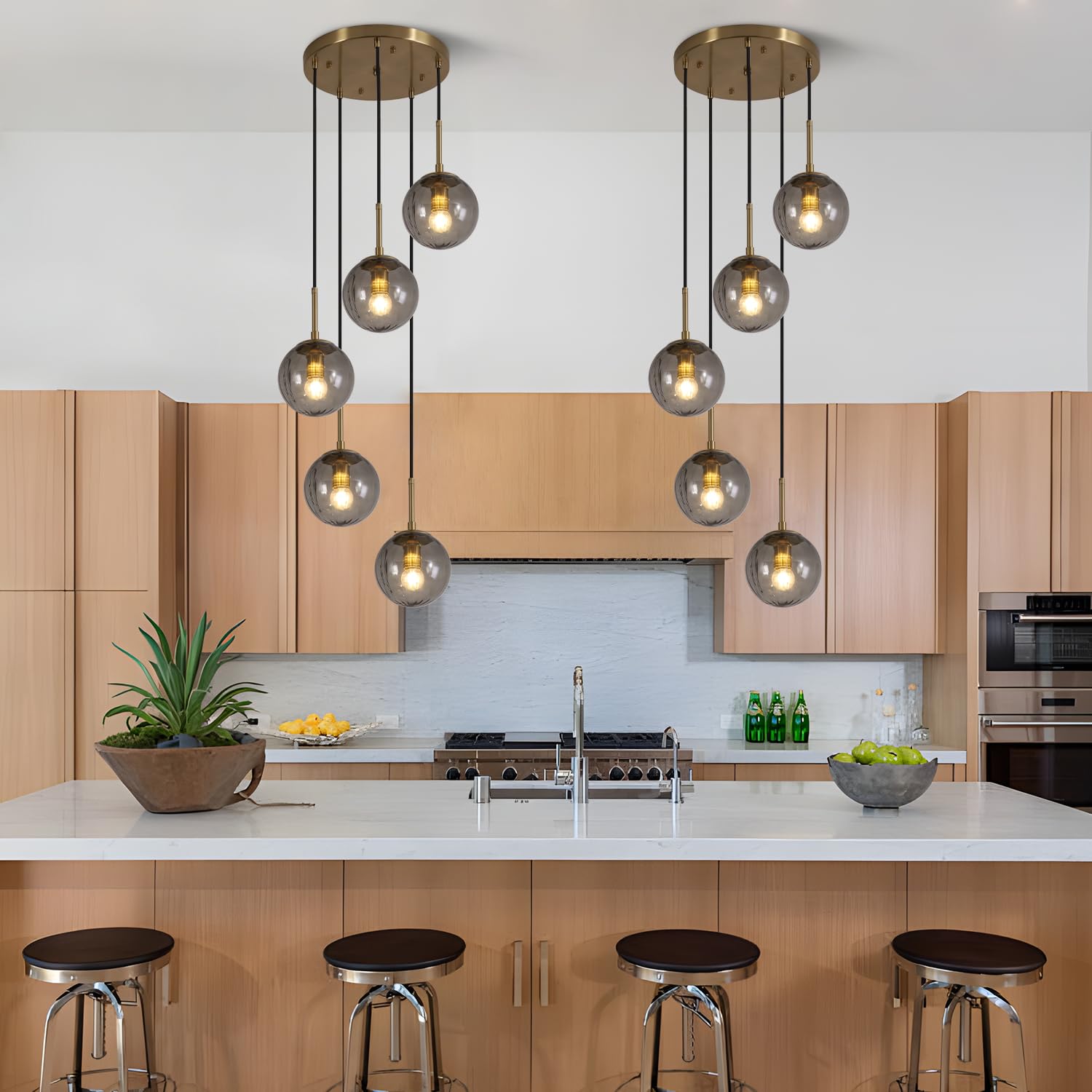 KCO Lighting Modern Gold 3 Light Hanging Pendant Light Large Smoke Glass Globe Cluster Chandelier Brush Brass Kitchen Island Light Fixture Nordic Multi Light Pendant Lighting