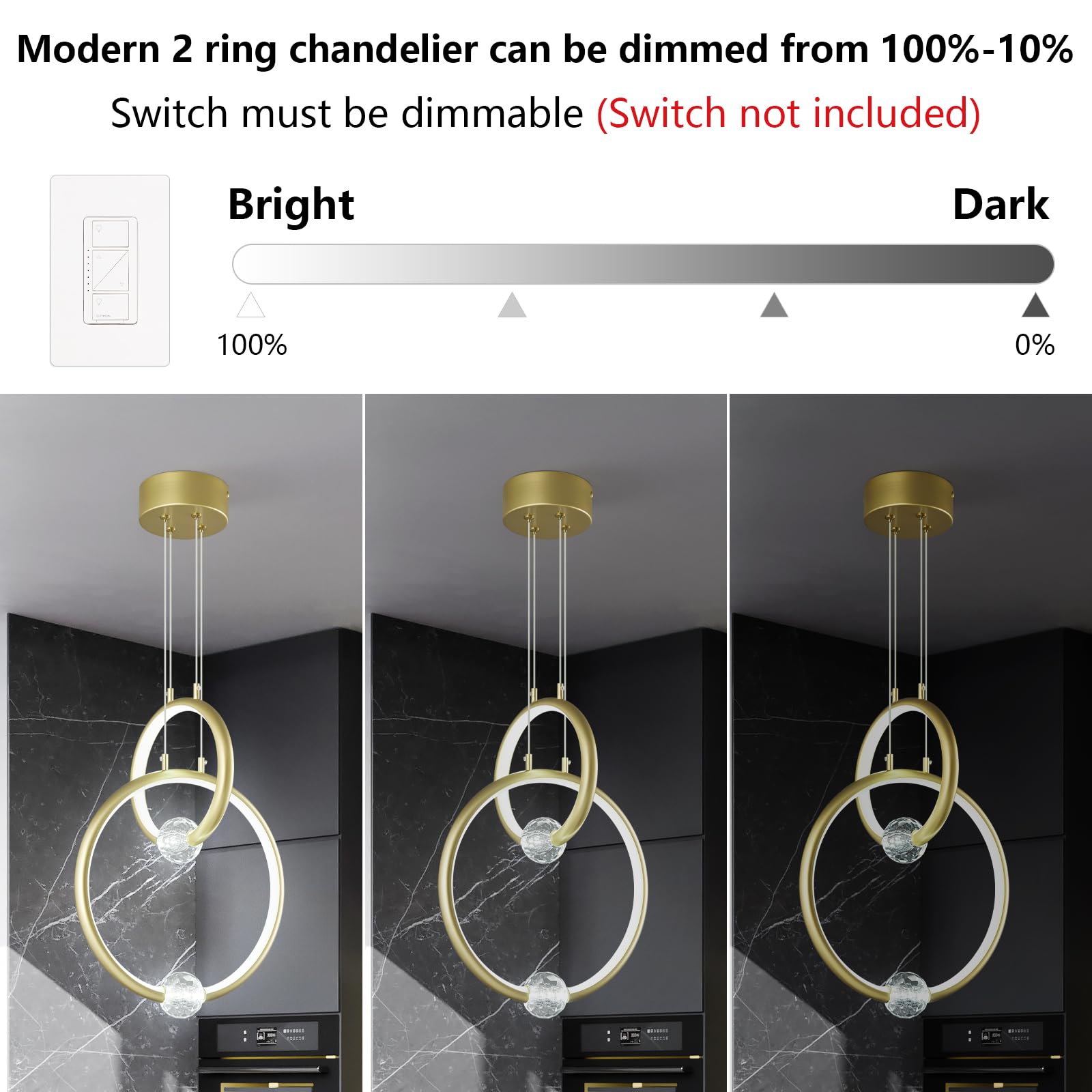 Modern LED Pendant Light Fixtures,2-Ring Dimmable Chandelier 6000K,Adjustable Height Ceiling Hanging Light Gold Pendant Lights for Kitchen Island Dining Room Bedroom(15.8in*11.8in)