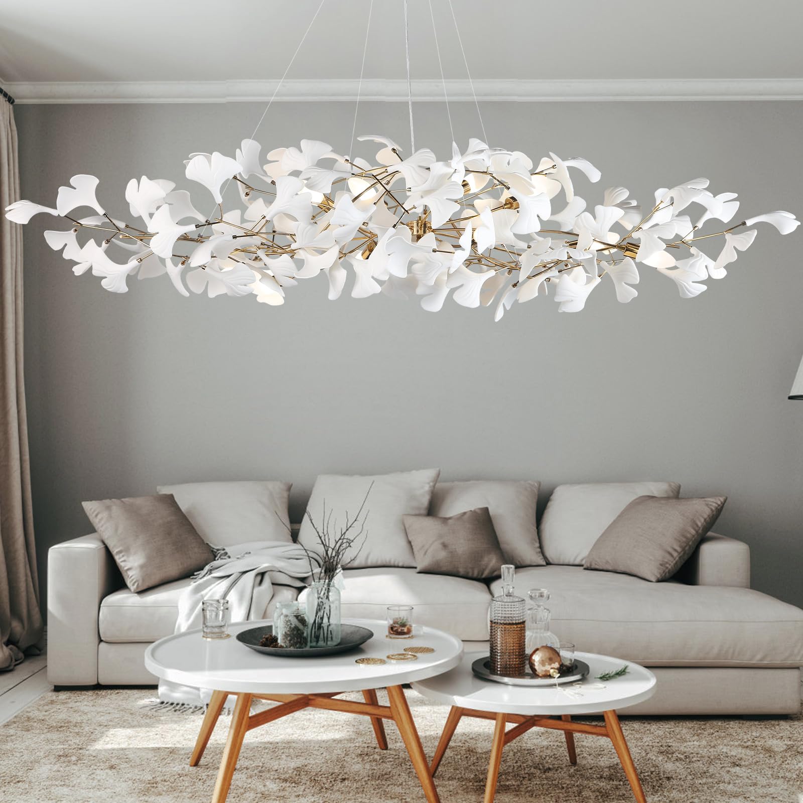 59 Inch White Rectangle Chandelier Ceramic Ginkgo Leaf Chandeliers Brass Large Chandeliers Modern Art Deco Chandelier for Dining Room Living Room,10-Light