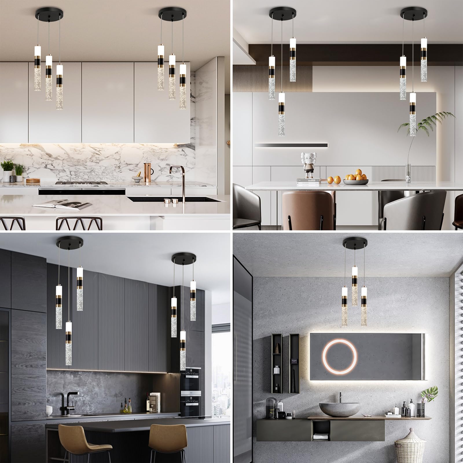 3-Light LED Pendant Lights Kitchen Island, 3-Light Cluster Pendant Lighting, Dimmable LED Modern Pendant Lights Kitchen Island, Pendant Lighting for Dining Room Table