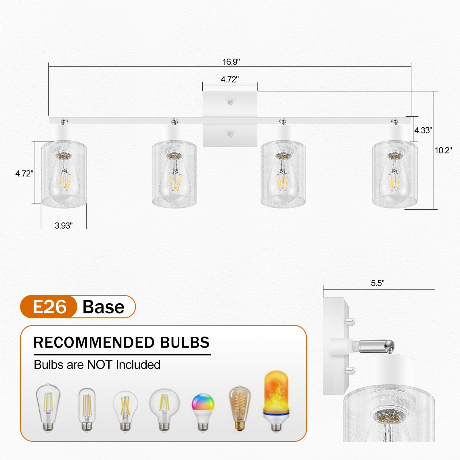 LED 4 Light Track Lighting Kit, 4 Way Ceiling Spot Lighting with Glass Lampshade, Flexibly Rotatable Light Head for Kitchen, Living Room, Bedroom, Bulb Not Included