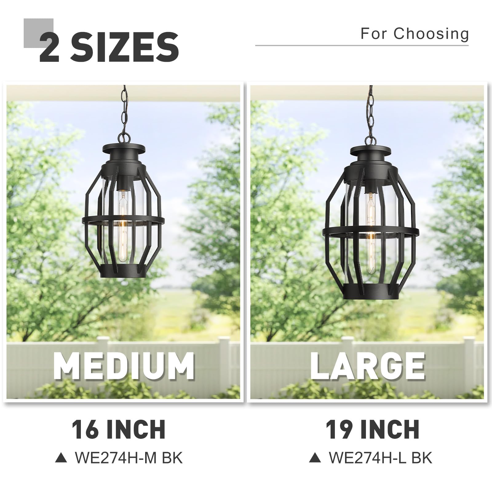 19 Inch Outdoor Pendant Light with Clear Glass, Large Modern Outdoor Hanging Porch Light, Black Finish, WE274H-L BK