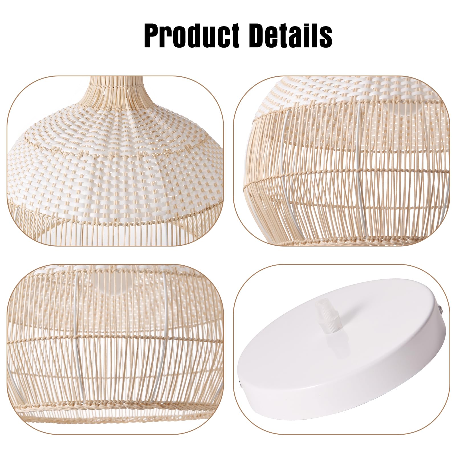 White Rattan Pendant Lights, Farmhouse Coastal Wicker Hanging Ceiling Lighting Chandelier, Handmade Woven Lampshade for Kitchen Island