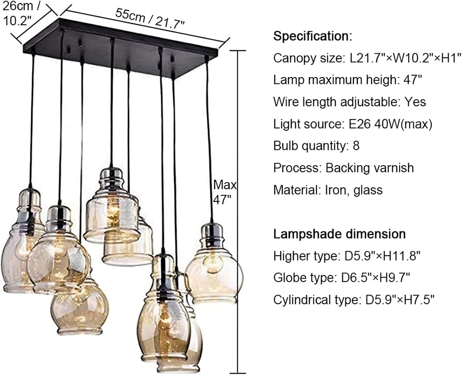 Vintage 8-Lights Island Cognac Glass Cluster Pendant Chandelier Antique Black Finish Glass Ceiling Lights for Dining Room, Cafe, Bar