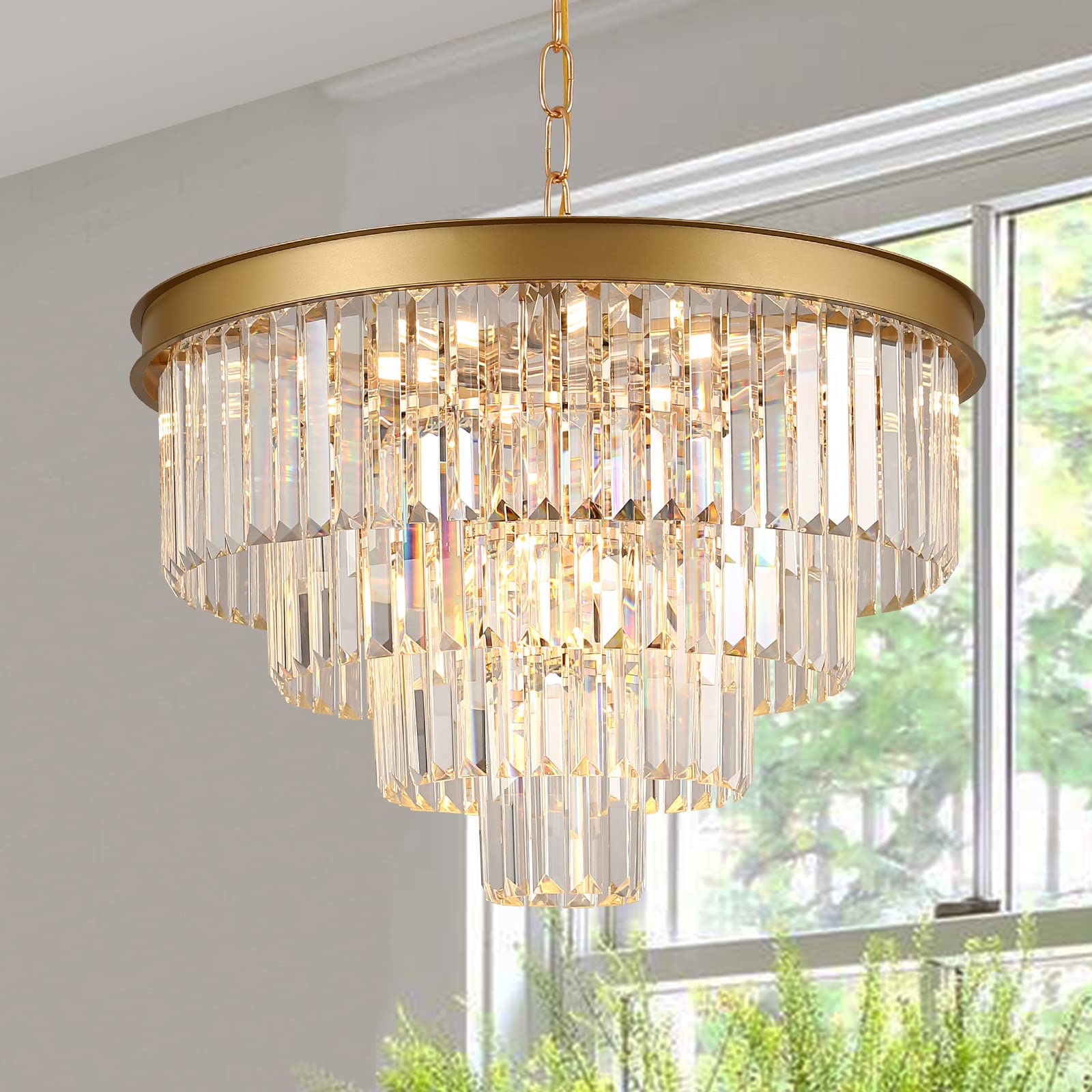 Modern Crystal Chandelier Gold 24” Round Chandelier for Dining Room 12 Light Ceiling Pendant Light Fixture Raindrop Luxury Gold Flush Mount Chandelier for Entryway Living Room