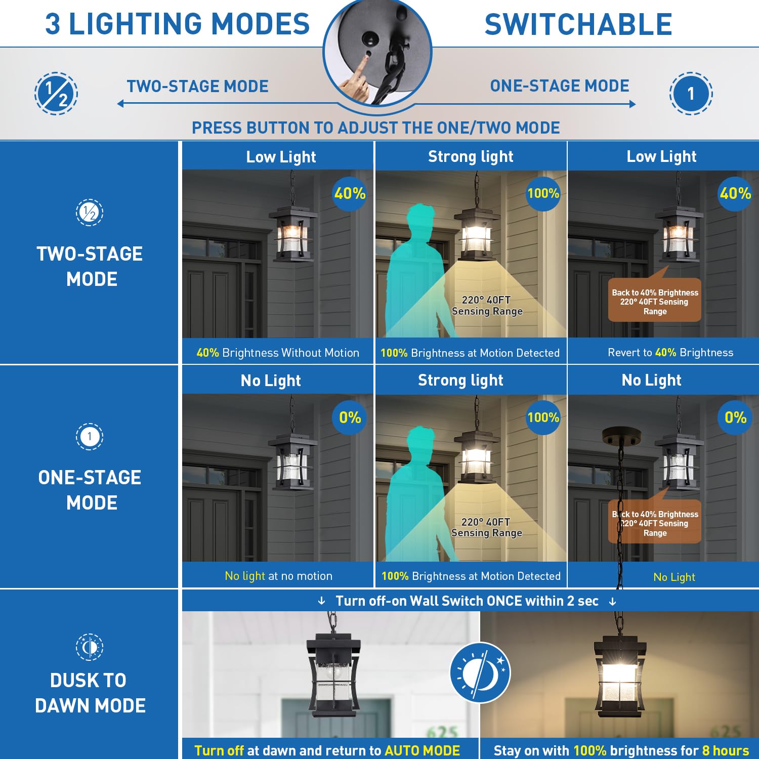 Outdoor Pendant Light Fixture with Dusk to Dawn Sensor Exterior Hanging Lantern with Adjustable Chain Black with Seeded Glass Outside Lights for House Patio Front Porch Lighting