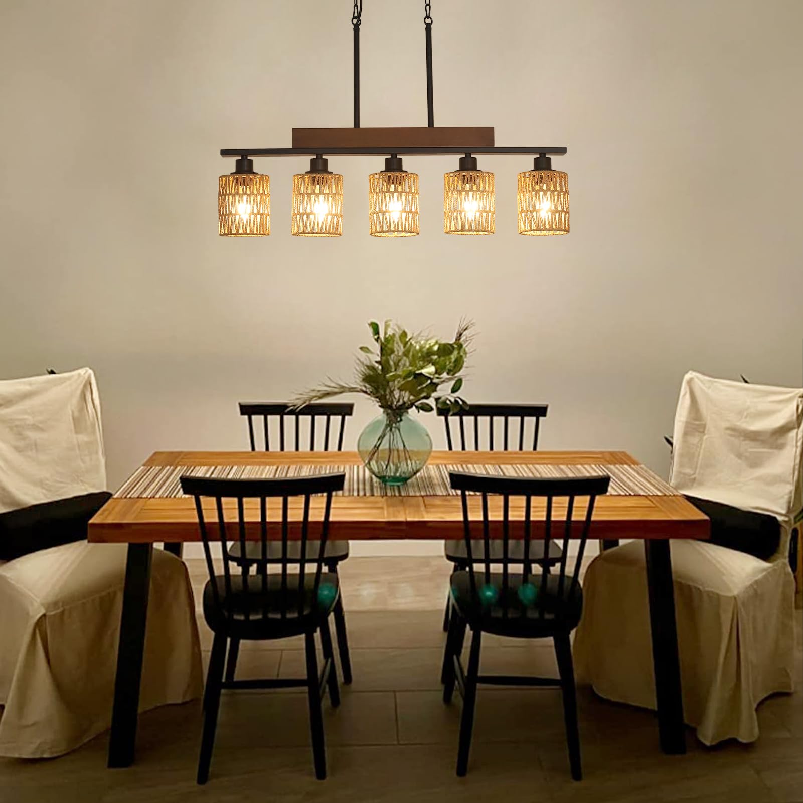 Rattan Farmhouse Chandeliers for Dining Room, Boho Kitchen Island Lighting, 5-Light Linear Chandelier Rectangle Pendant Lighting, Rustic Wood Chandeliers Black Hanging Light Fixtures for Living Room