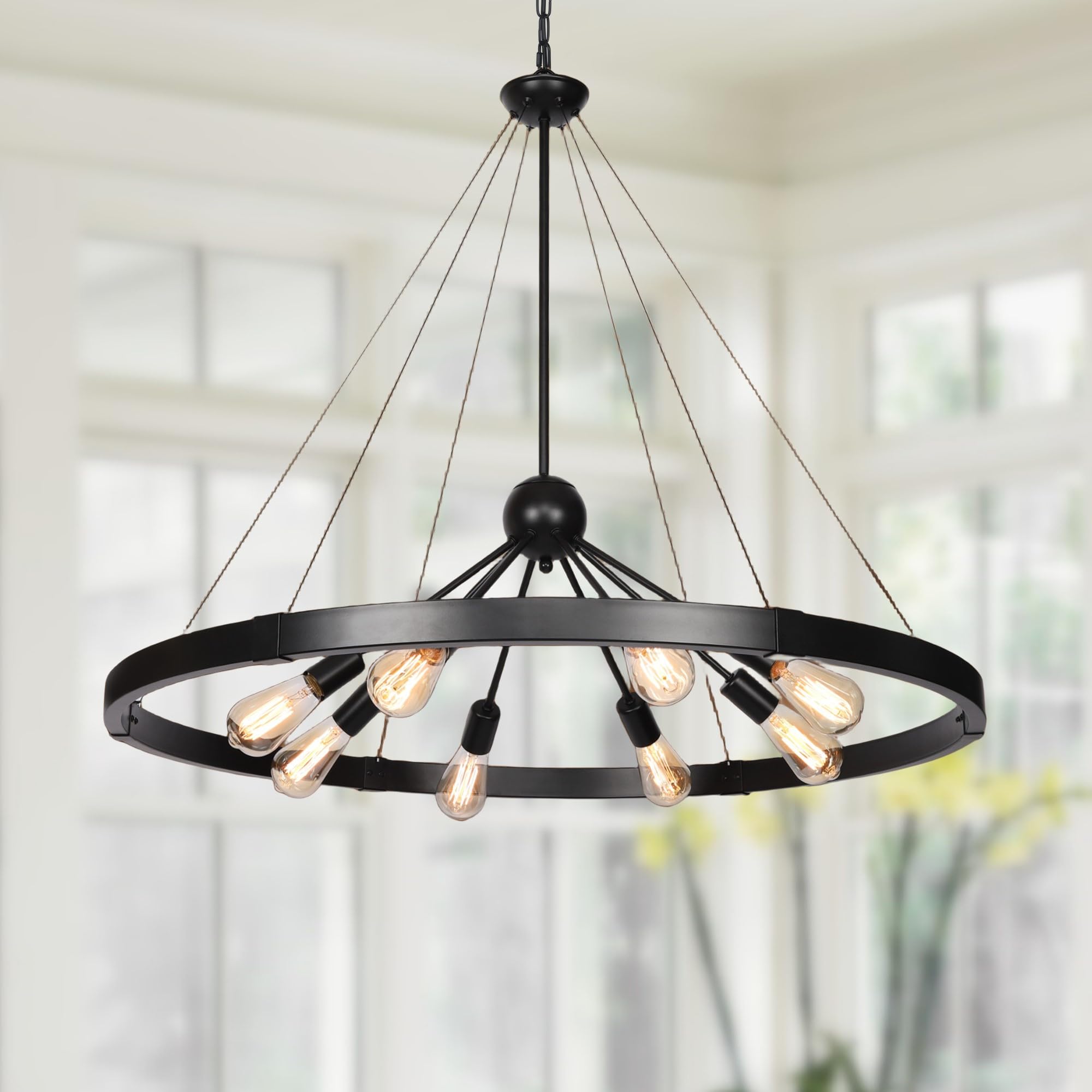 38.2'' Large Farmhouse Wagon Wheel Chandelier for Living Room, 8-Light Rustic Round Metal Light Fixtures for Dining Room Entryway Kitchen Island, Vintage Rust and Black Finishes