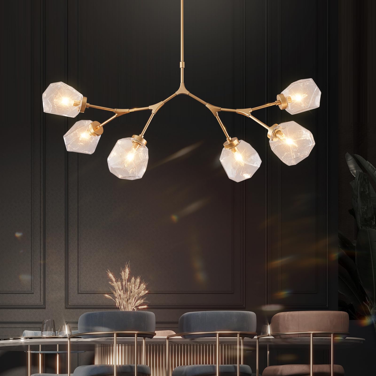 Gold Sputnik Chandeliers for Dining Room,Mid Century Crystal Glass Chandeliers 6 Lights Modern Ceiling Pendant Light Fixtures Iceberg Shape for Living Room Kitchen Island Bedroom