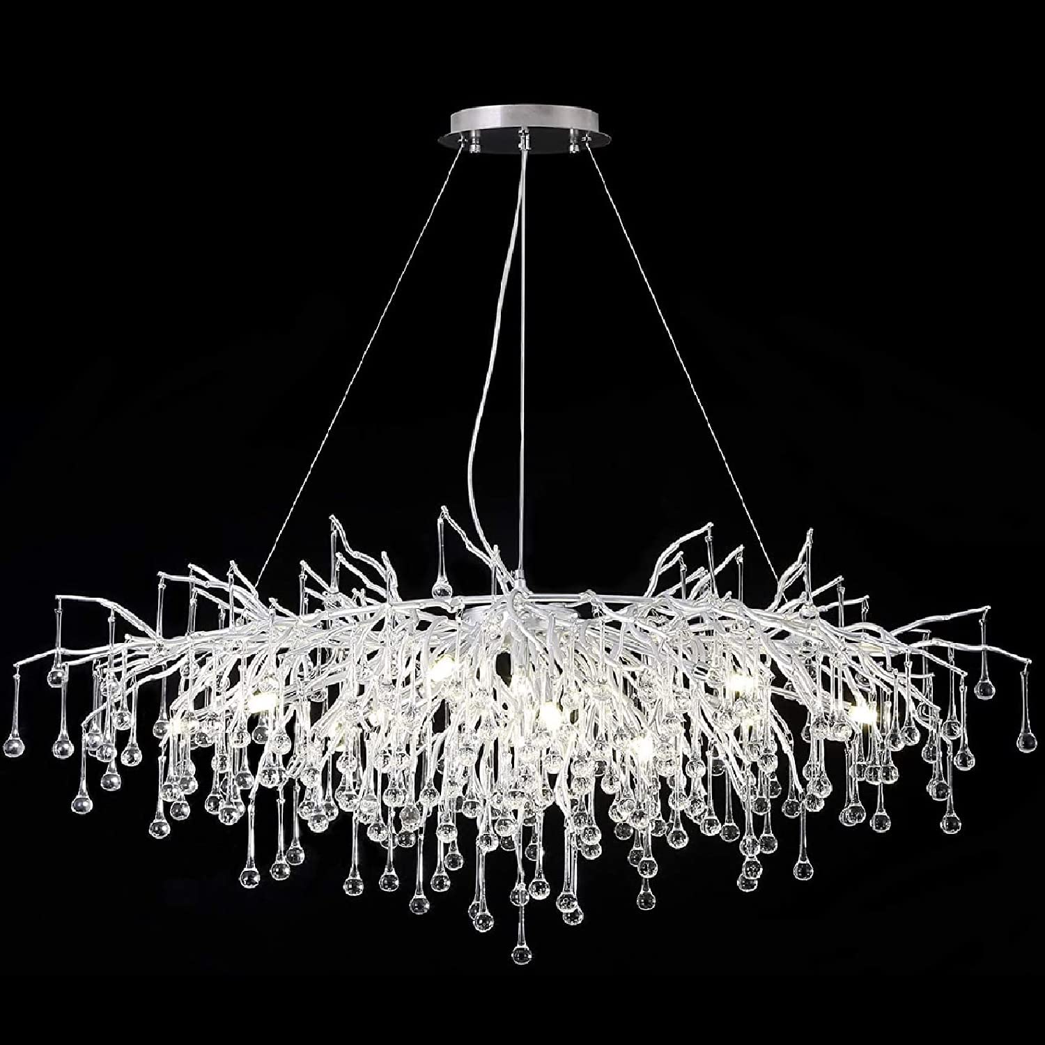 Black Crystal Chandelier, Modern Ceiling Pendant Flower Hanging Lighting Frosted Tree Branch Raindrop Chandelier Light Fixture for Dining Room, Living Room, Bedroom, Entryway (Dia 24" Round)