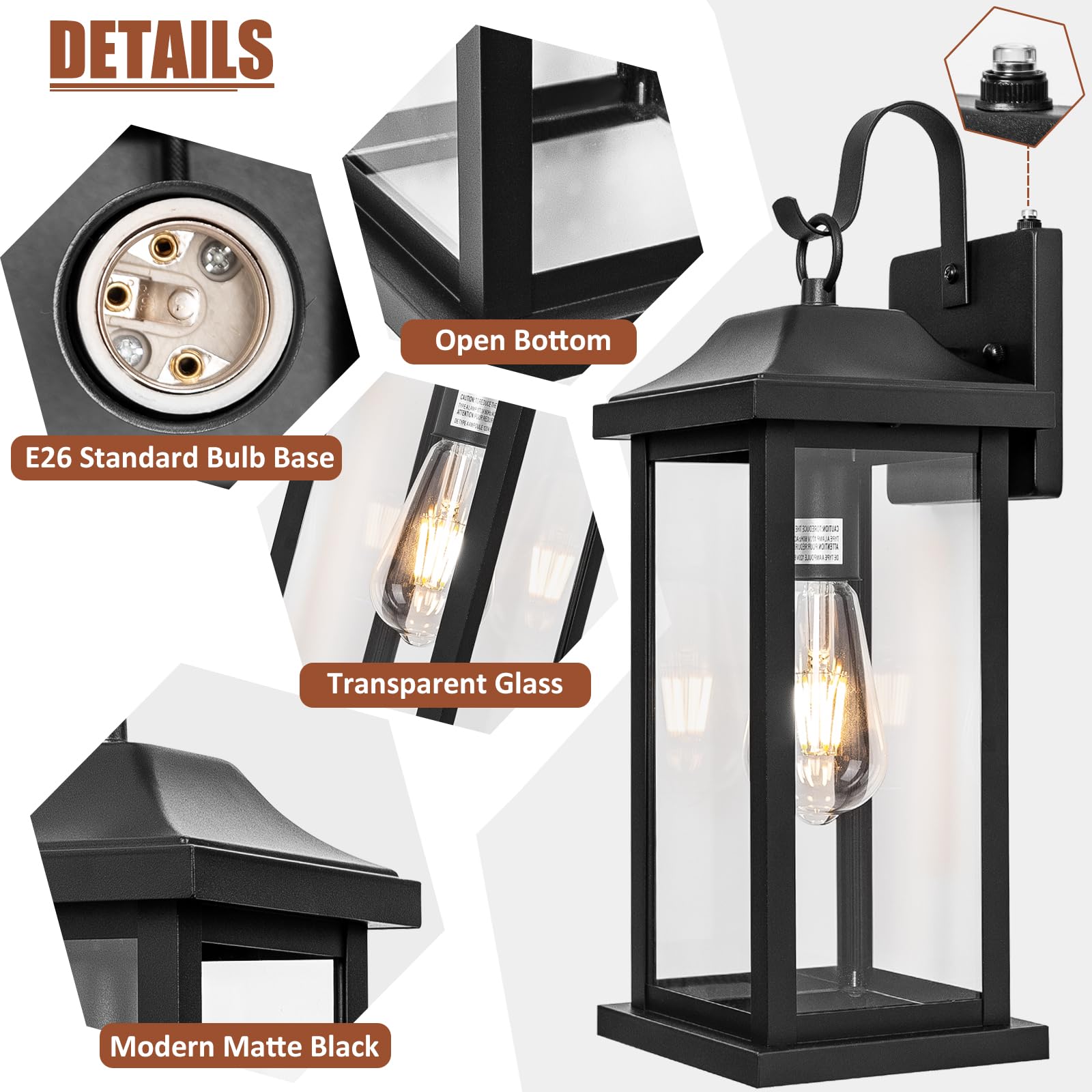 2-Pack 17 Inch Large Outdoor Light Fixtures, Exterior Matte Black Wall Sconces IP65 Waterproof Anti-Rust, Porch Lights with Clear Glass Outside Modern Wall Lanterns E26 Bulb Base