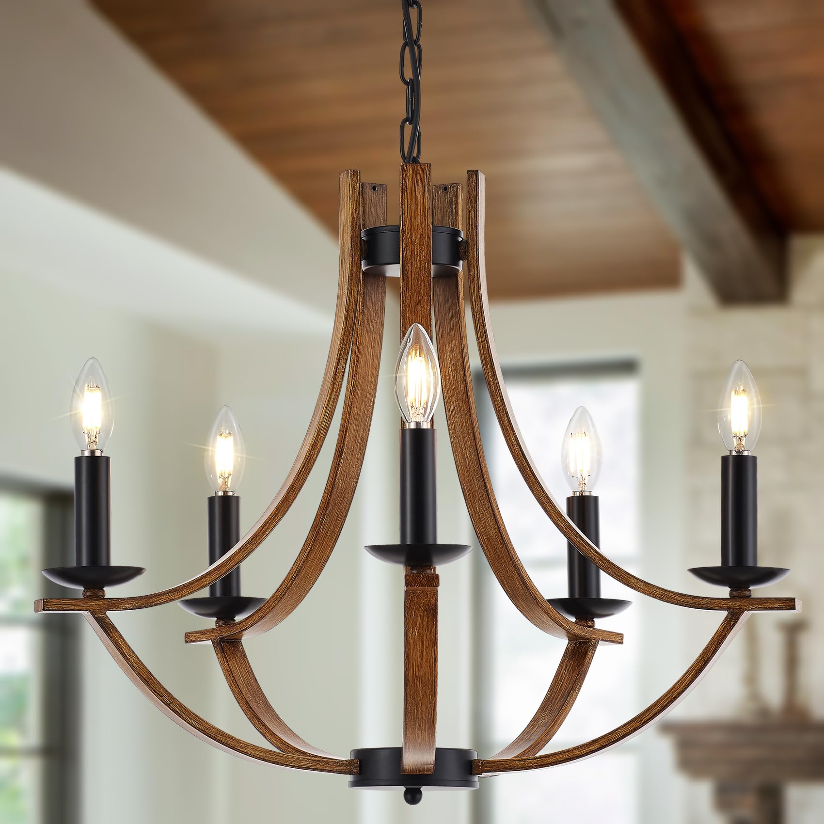 Farmhouse Wooden Chandelier Modern 22" Vintage 5-Lights Candle Style Chandelier with Wood Finish Metal Industrial Retro Rustic Black Chandelier for Dining Room, Kitchen, Living Room, E12