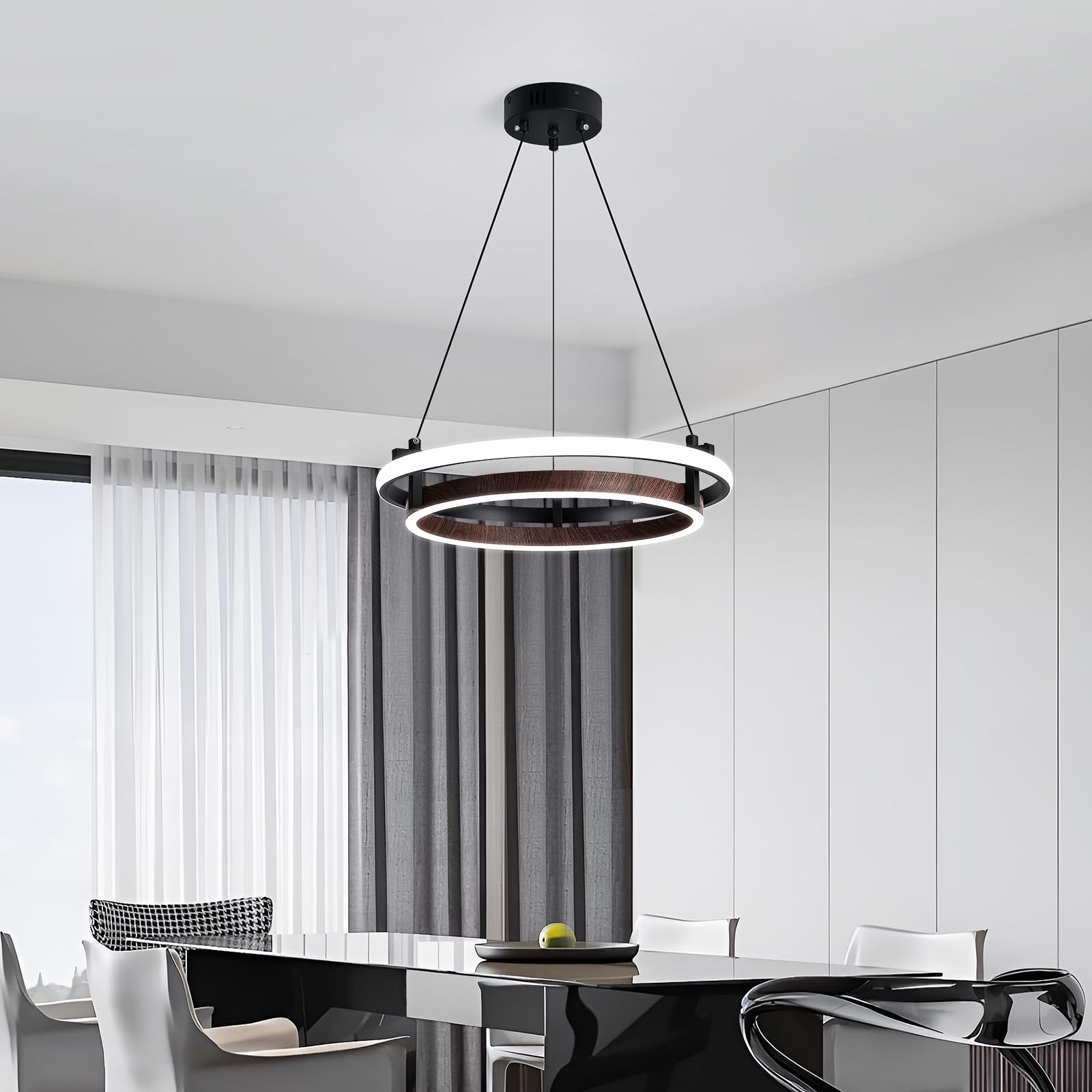 Modern LED Pendant Light 2 Ring Contemporary Chandelier Black and Wooden Hanging Light Fixture for Kitchen Table Dining Room Bedroom Entryway Living Room