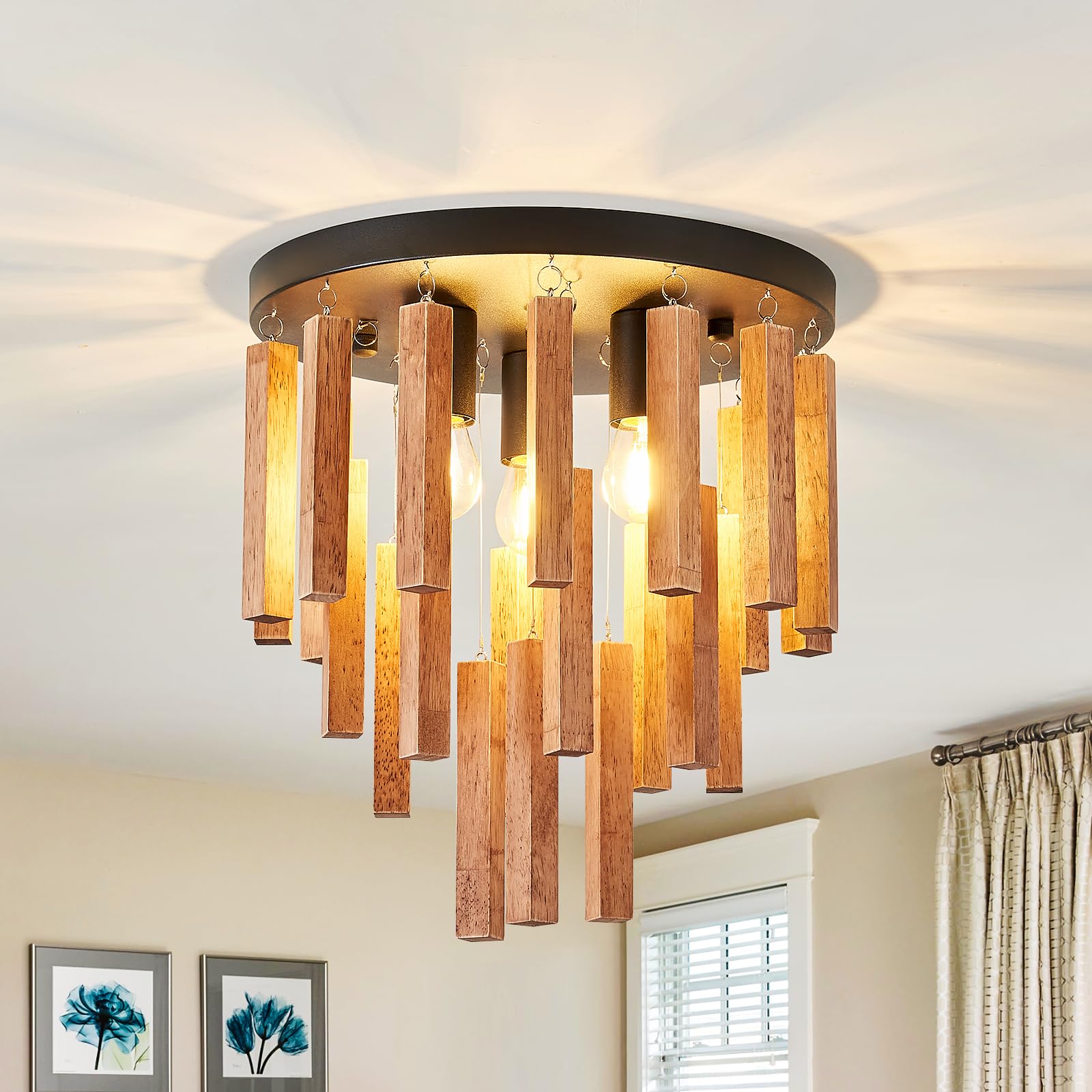 3-Light Semi Flush Mount Ceiling Lights Boho Wood Light Fixture Farmhouse Chandelier Oak and Black Ceiling Lighting with E26 for Kitchen Living Room Entryway Bedroom Dining Room…