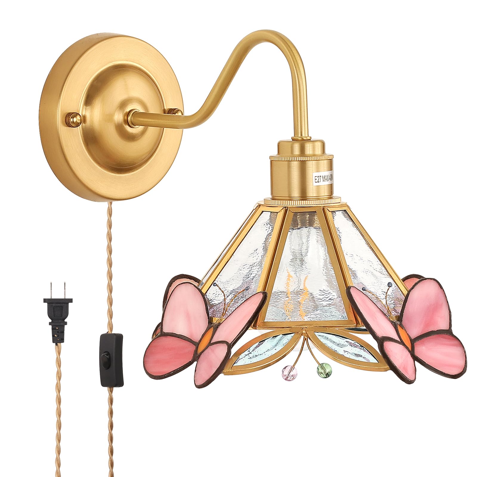 Wall Sconce, Wall Mounted Lamps with Green Checker Sconce, Stained Glass Shade Brass Wall Lights Fixture with Plug in Cord and Switch for Bedroom Bathroom Living Room Hallway