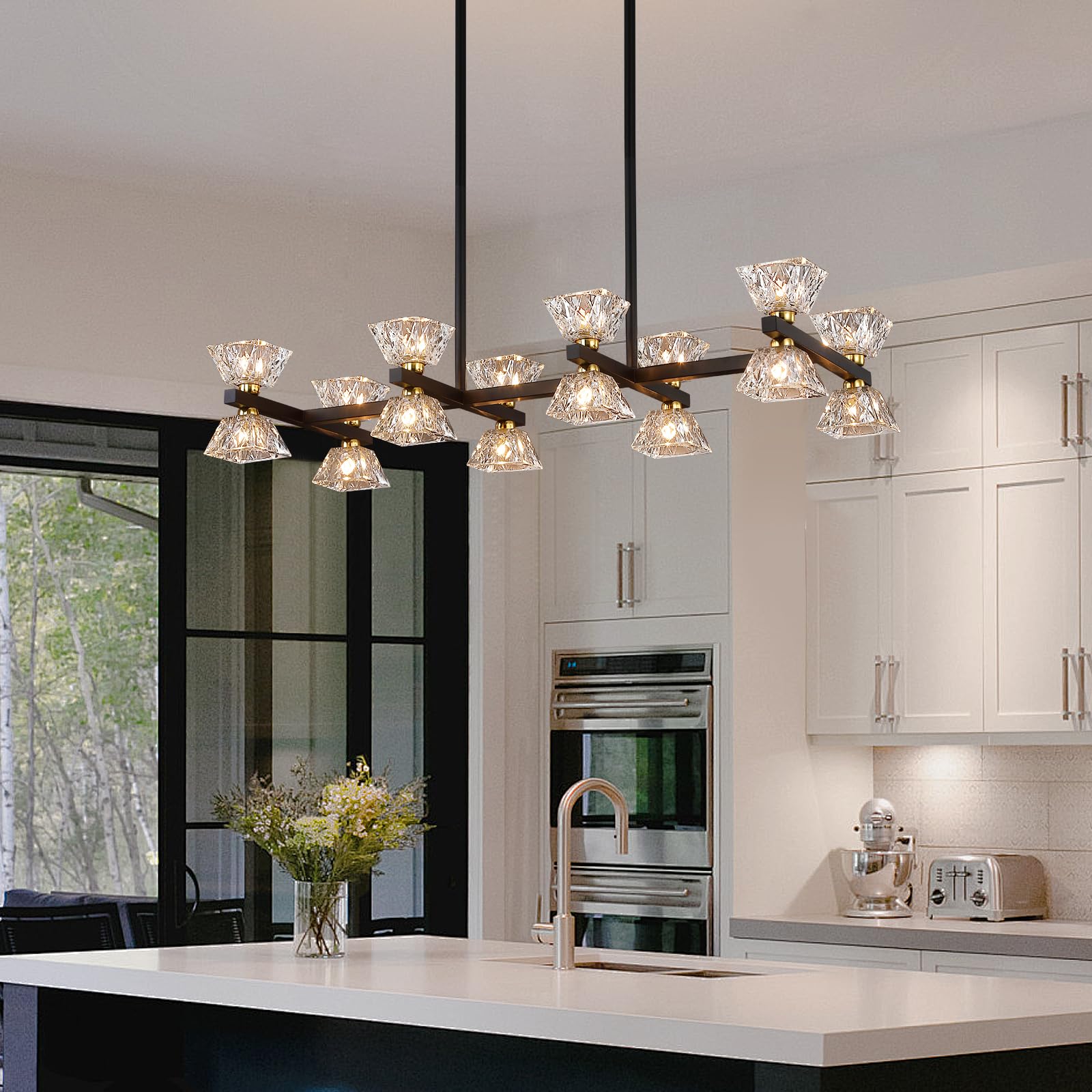 Black Modern Crystal Chandeliers,Farmhouse Rectangle 16-Light Dining Room Light Fixtures for Kitchen Island Bar Living Room UL Listed 𝐋𝟑𝟓.𝟓"