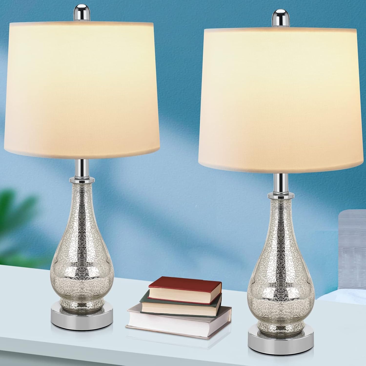 Glass Table Lamps Set of 2, Modern 23.5” High Silver Mercury Glass Bedside Lamps, for Bedroom Living Room Home Office Desk Nightstand Table Lamp