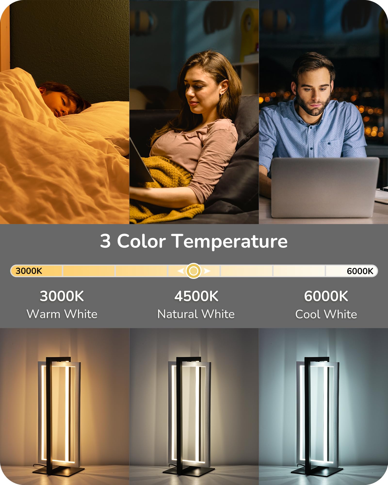 EDISHINE Modern LED Table Lamp, 750LM Stepless Dimmable Bedside Lamp, 3 Color Temperature, Switch Control Nightstand Lamp for Living Room Bedroom, Dual-Frame Rectangle, Angle Adjustable